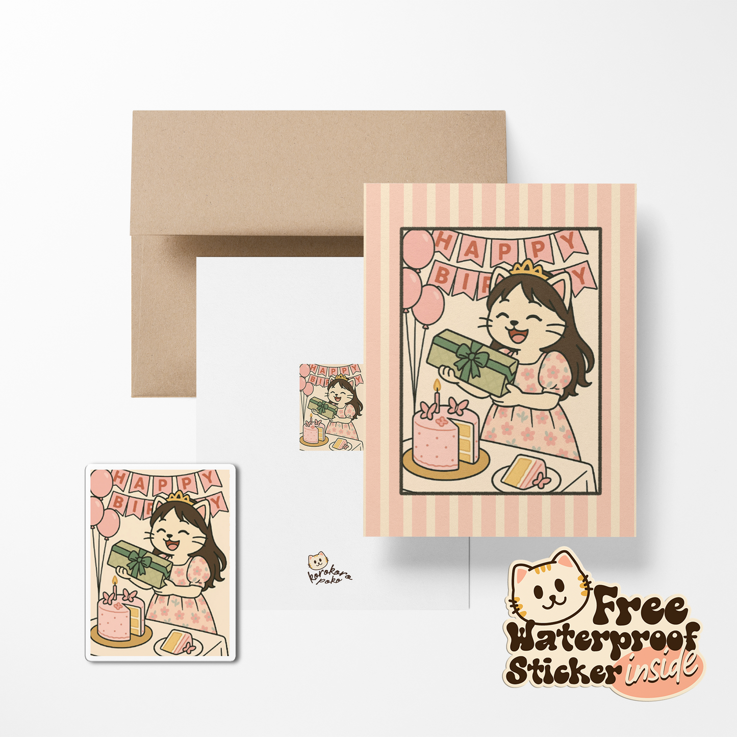 Pink Stripes & Green Gifts Korokoropoko Birthday Greeting Card with Stickers