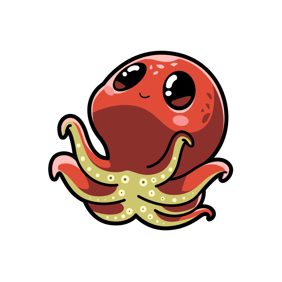 Cartoon octopus with a red body and yellow tentacles on a white background