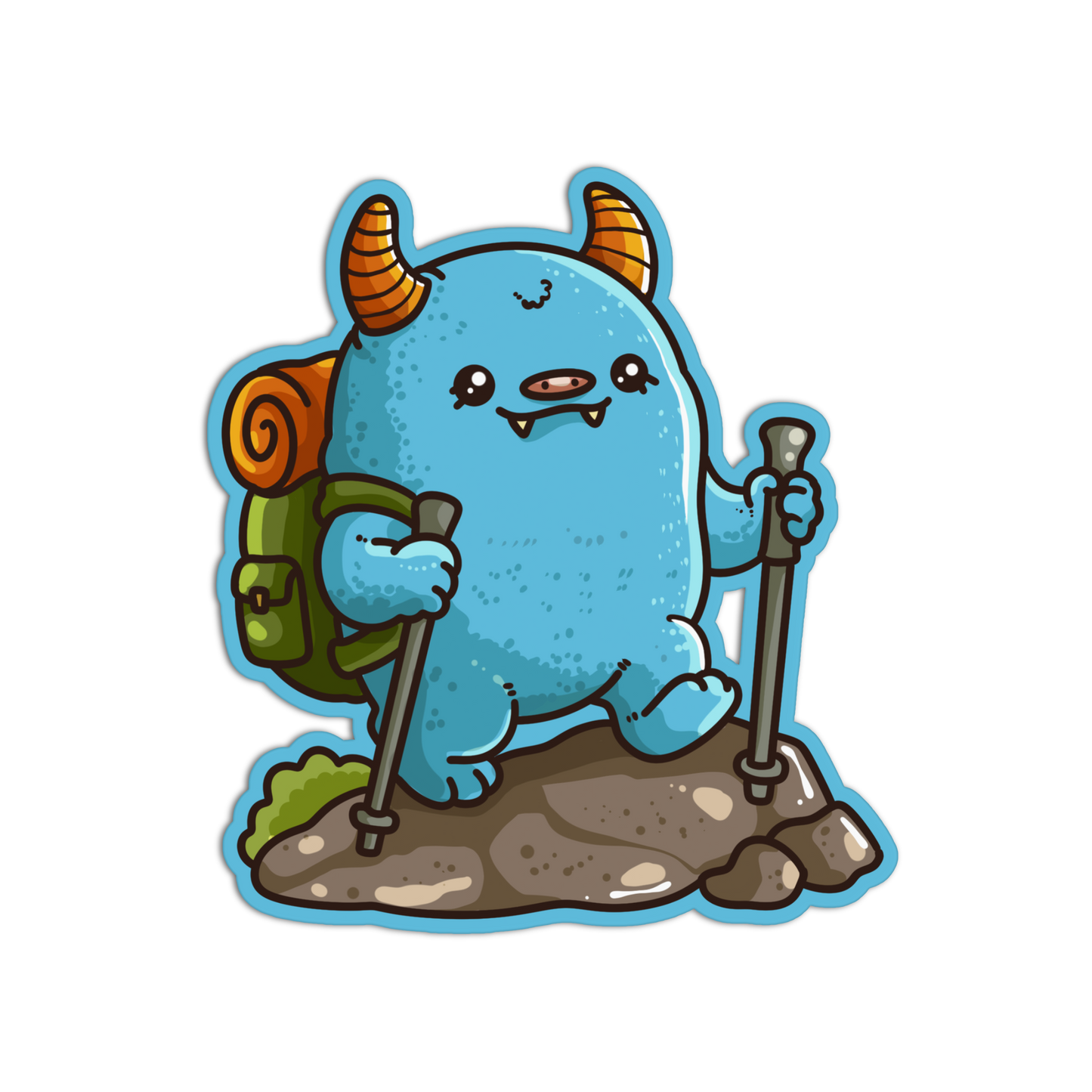 A cartoon sticker or decal of a cute blue monster with orange horns, holding hiking poles and wearing a green backpack, shown on a plain white background.