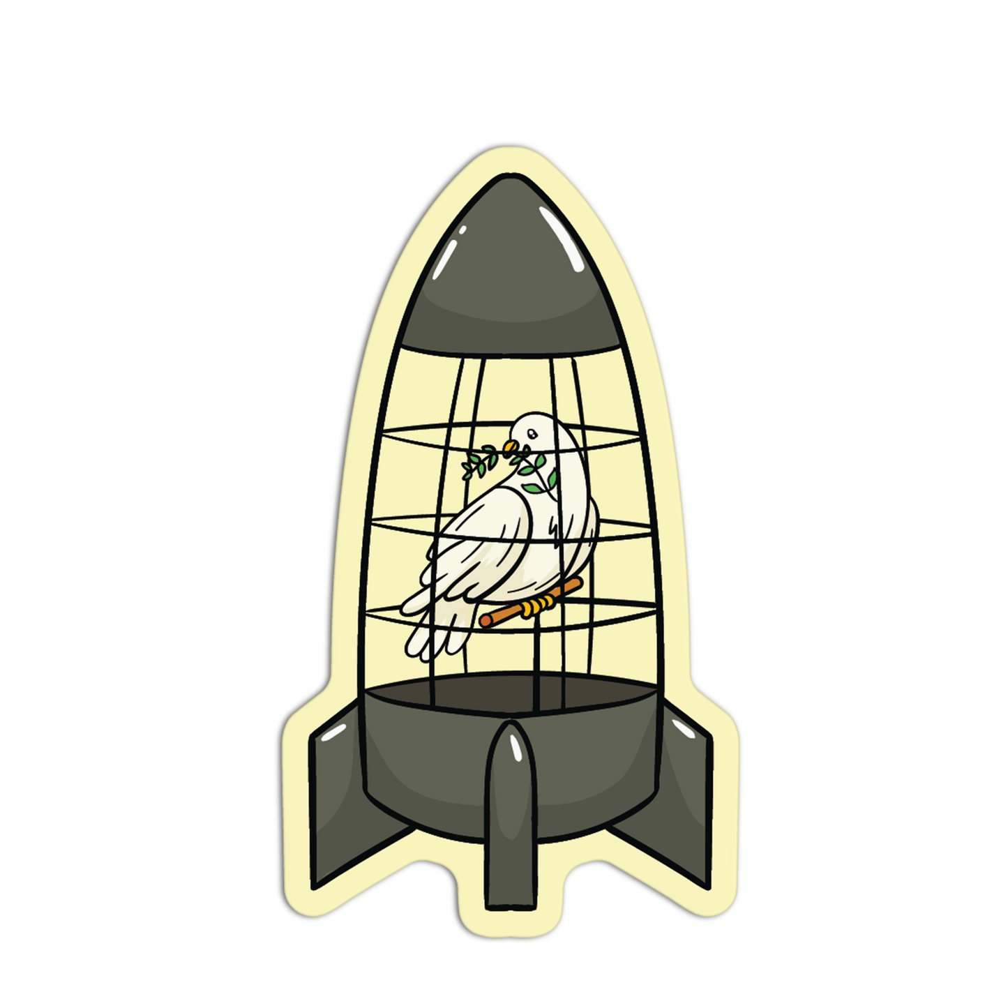 Rocket-shaped birdcage with a white dove inside on a white background