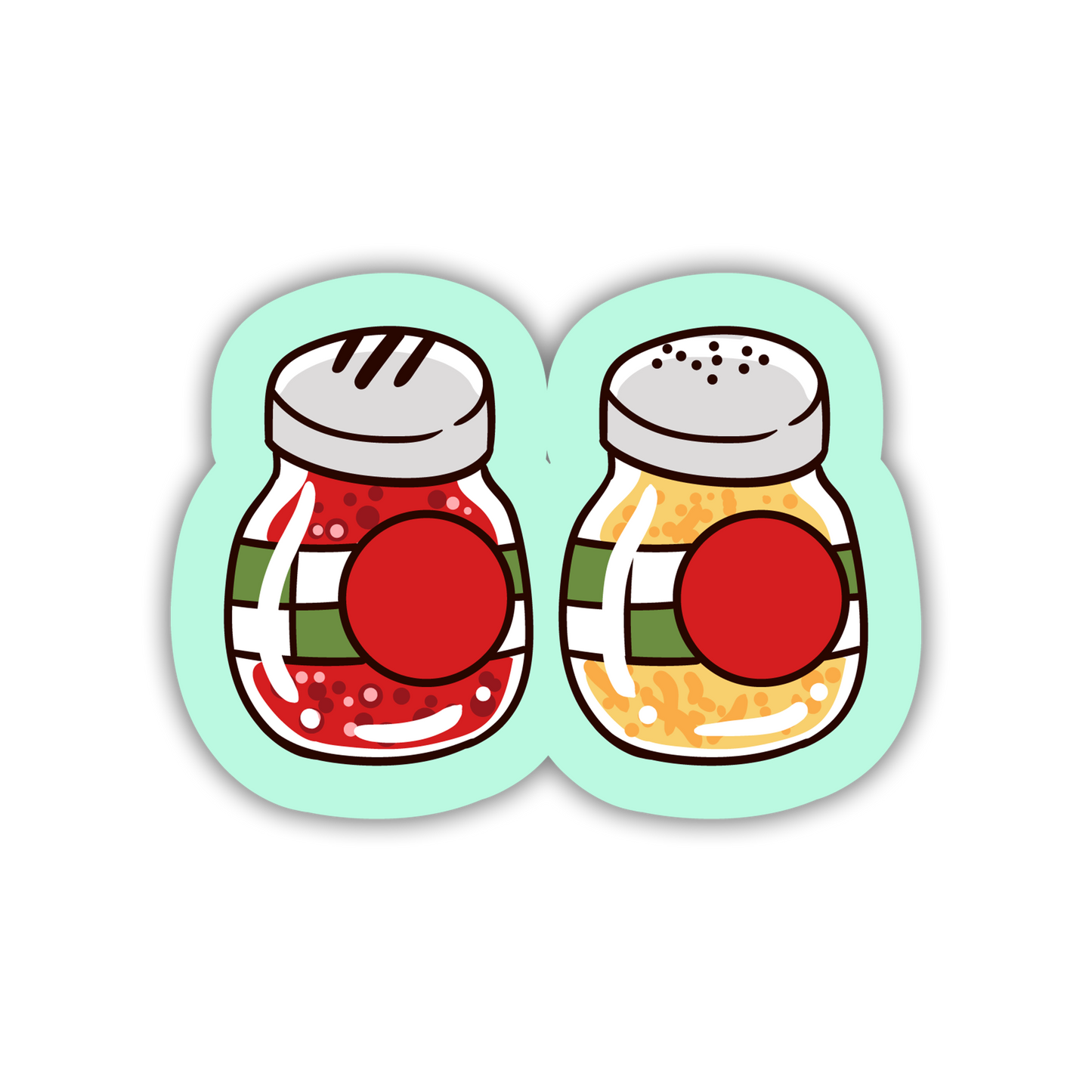 Two cartoon salt and pepper shakers with colorful stripes on a light green background