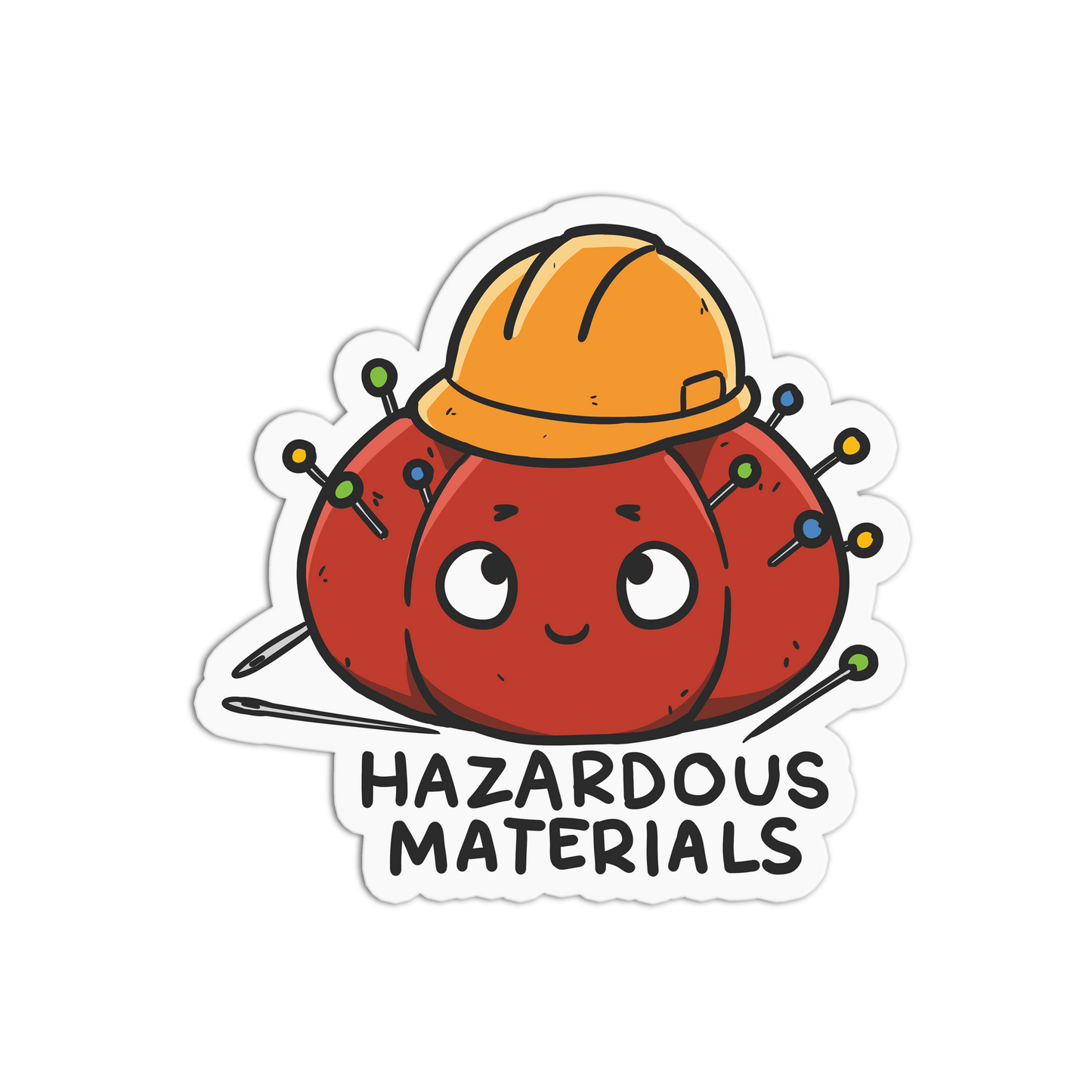 Sticker with a cartoon character wearing a hard hat labeled 'Hazardous Materials' on a white background
