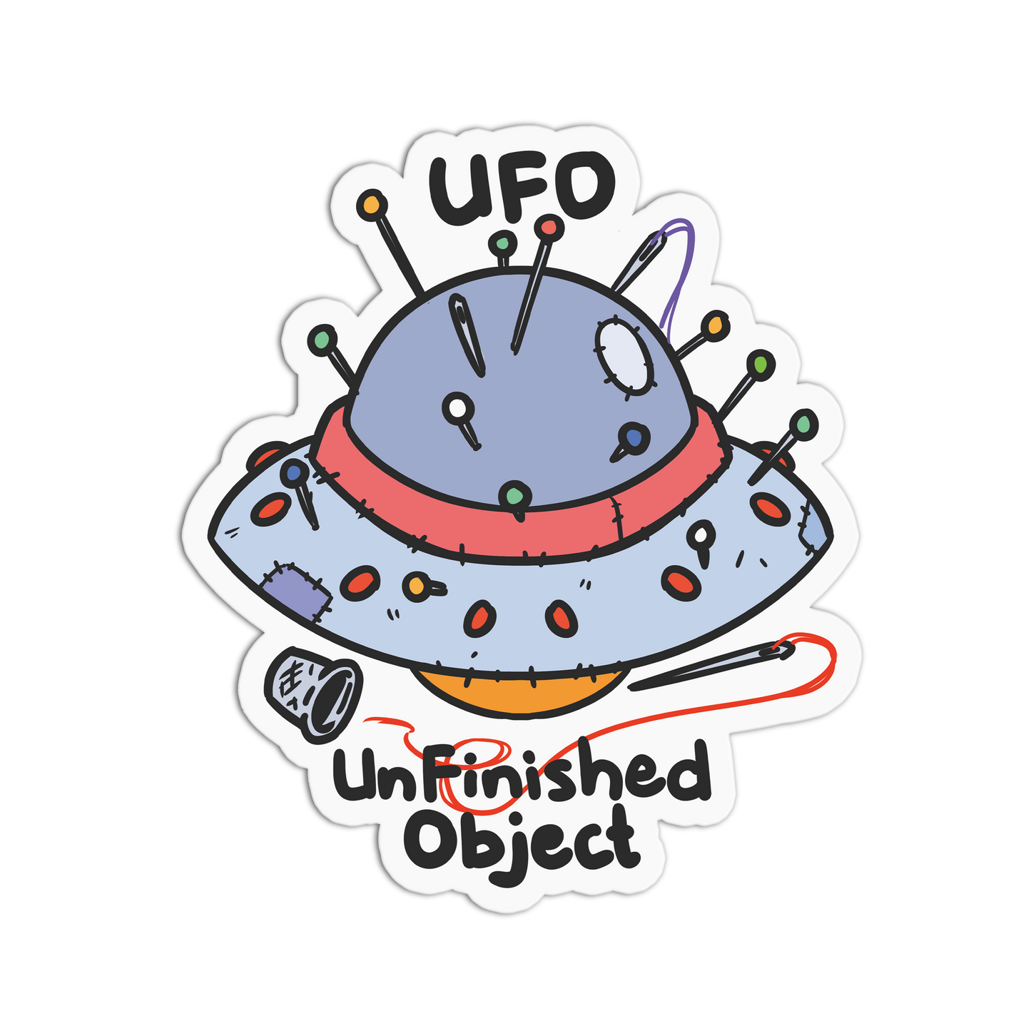 Cartoon UFO sticker with 'Unfinished Object' text on a white background