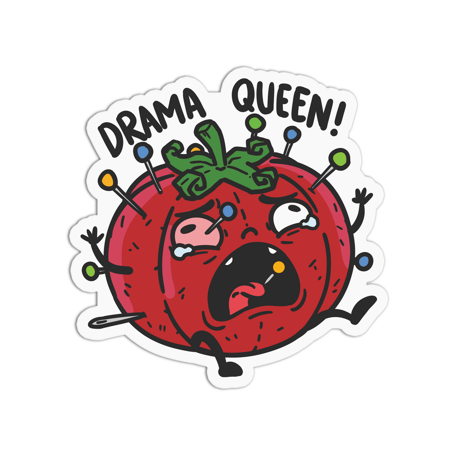 Sticker with a tomato character labeled 'Drama Queen' on a white background