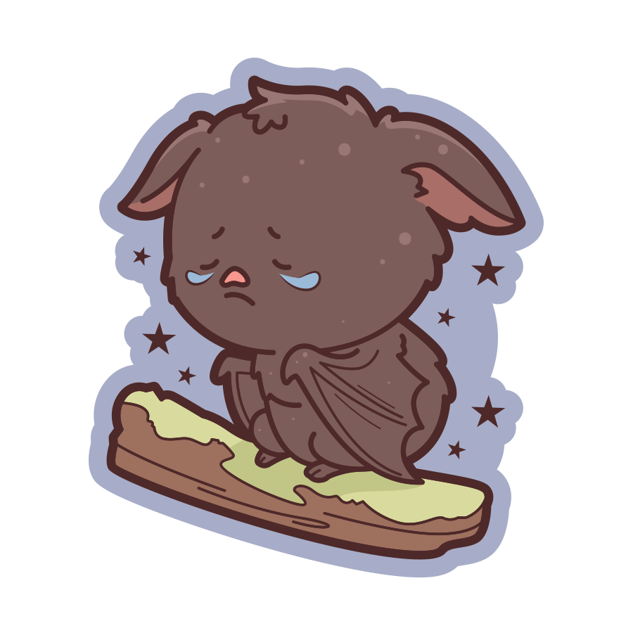 Cartoon bat character on a leaf with a sad expression on a white background