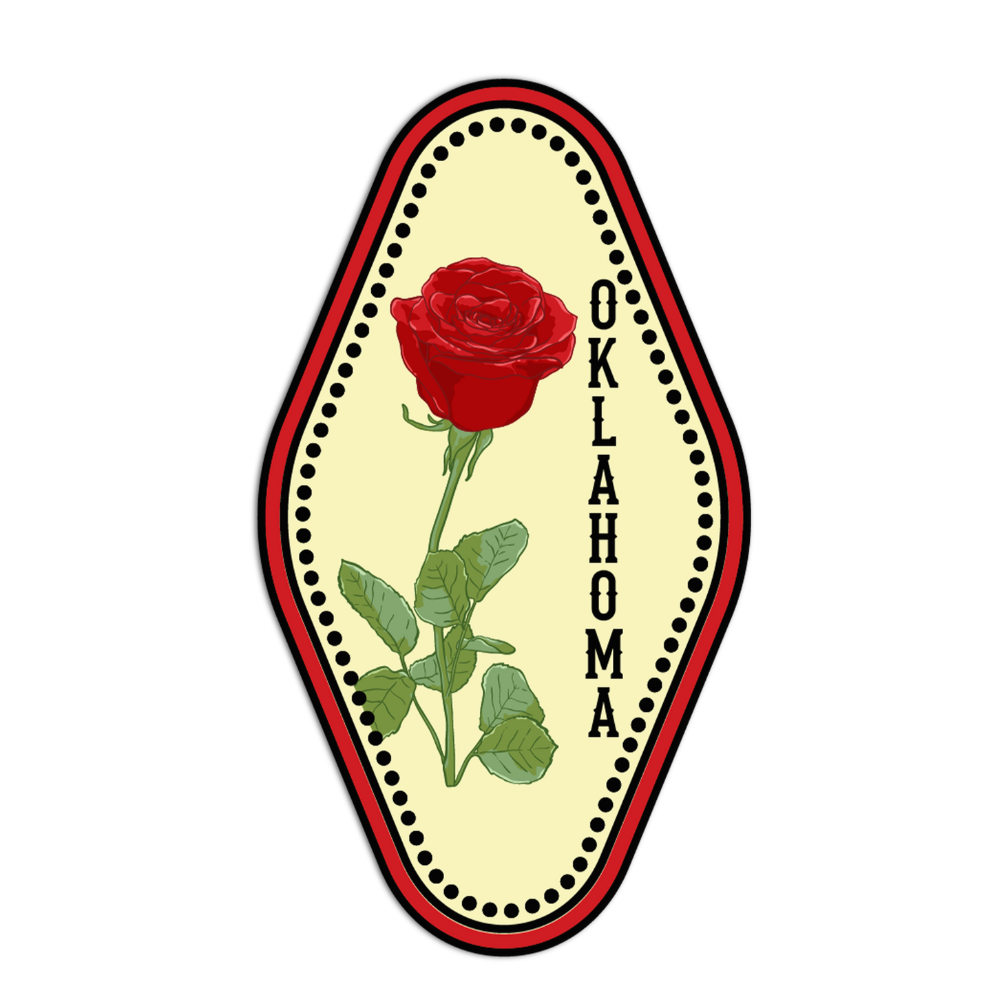 Decorative patch with a red rose and 'Oklahoma' text on a beige background