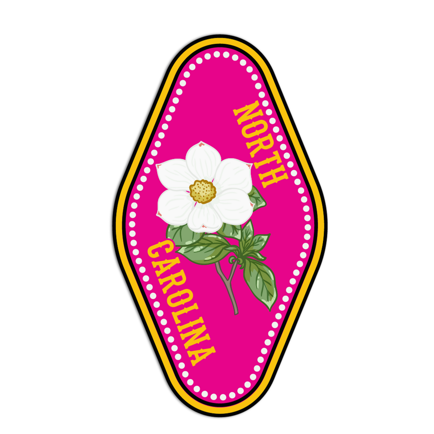 Pink badge with a white flower and 'North Carolina' text on a white background