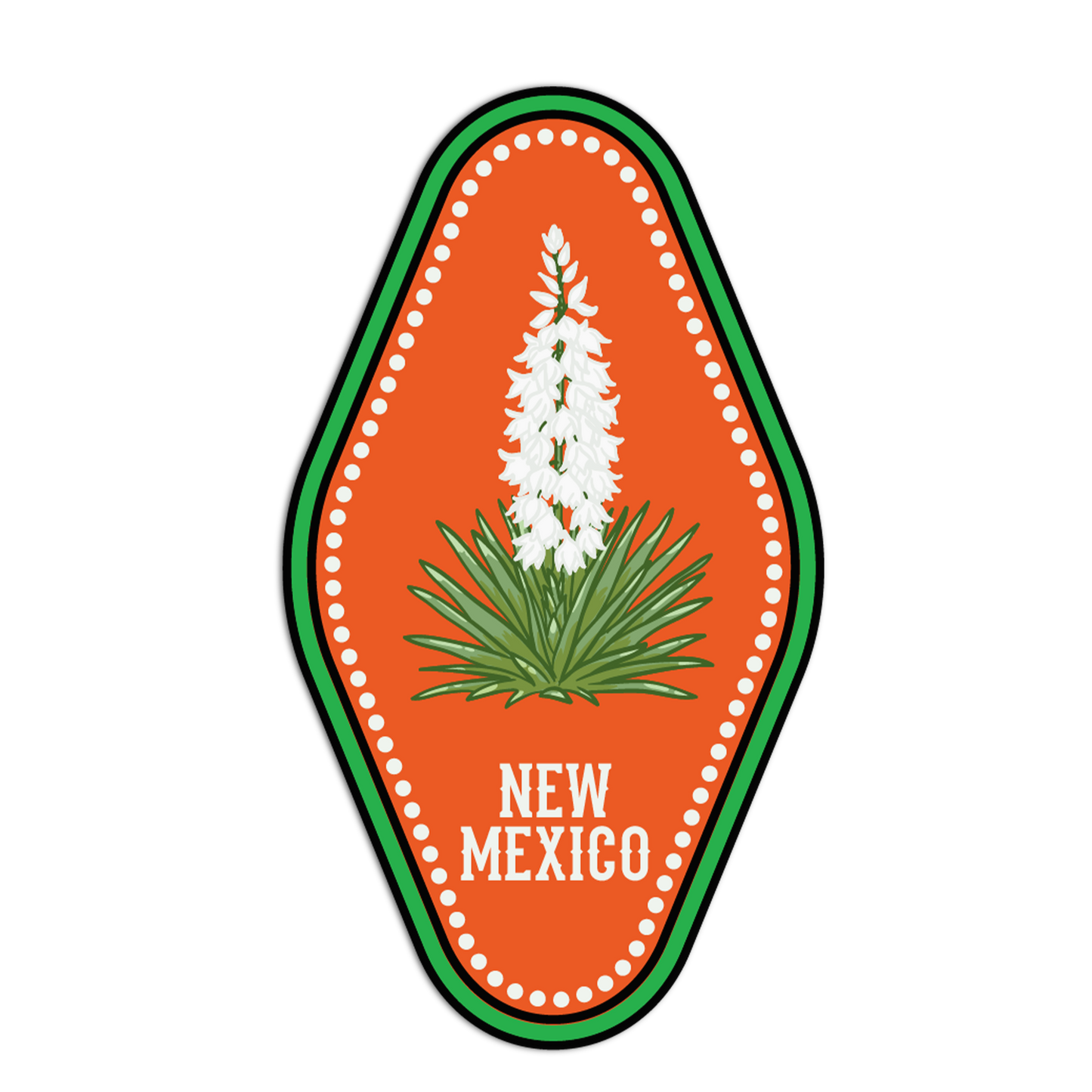 Emblem of New Mexico with a white flower and green leaves on an orange background