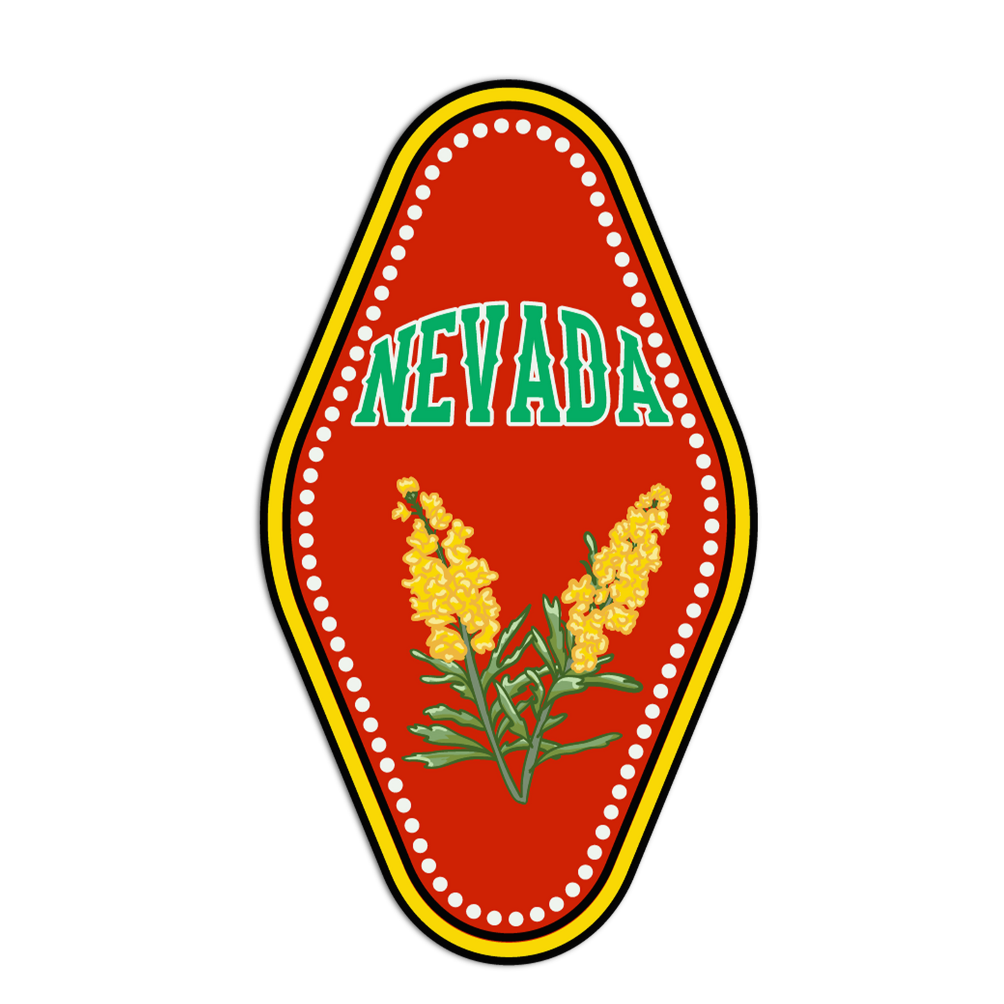 Emblem with 'NEVADA' text and yellow flowers on a red background