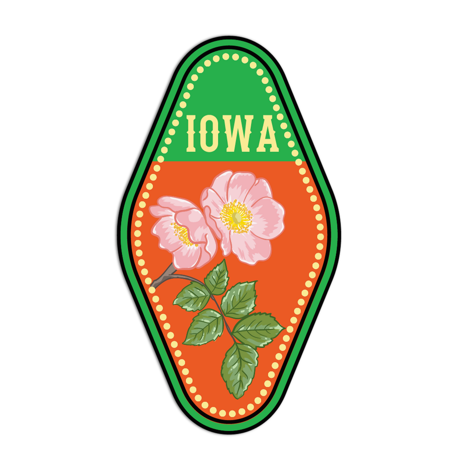 Emblem of Iowa with pink flowers and green leaves on an orange background