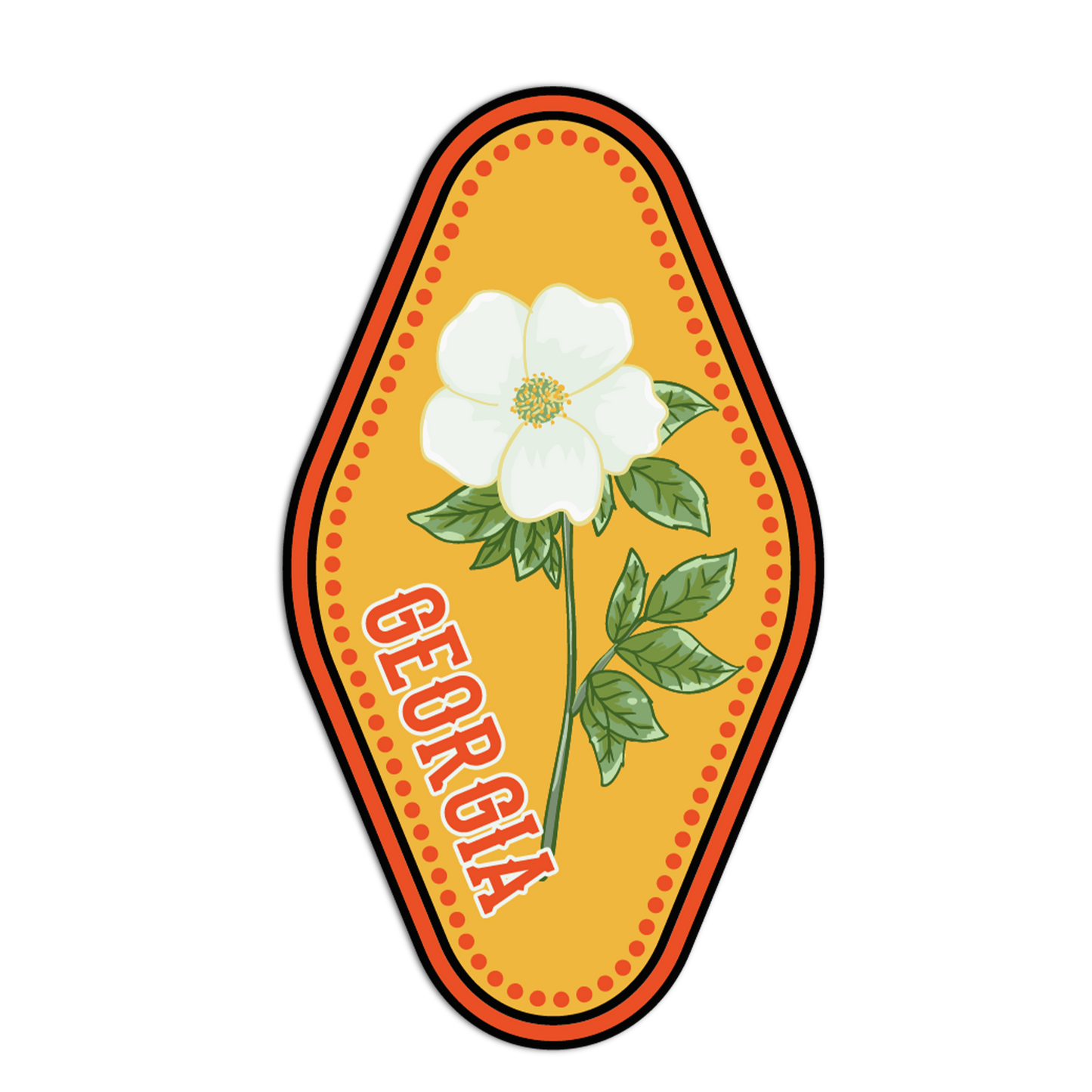 Sticker with a white flower and 'Georgia' text on a yellow background