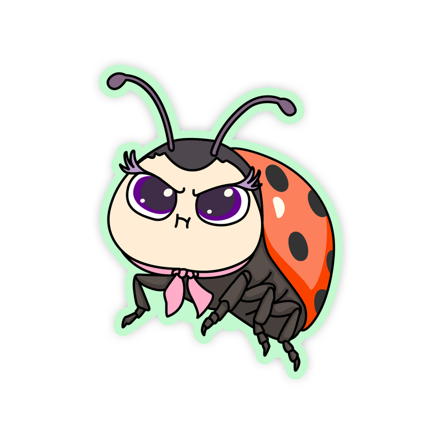 Cartoon ladybug character with purple eyes and a pink bow on a white background