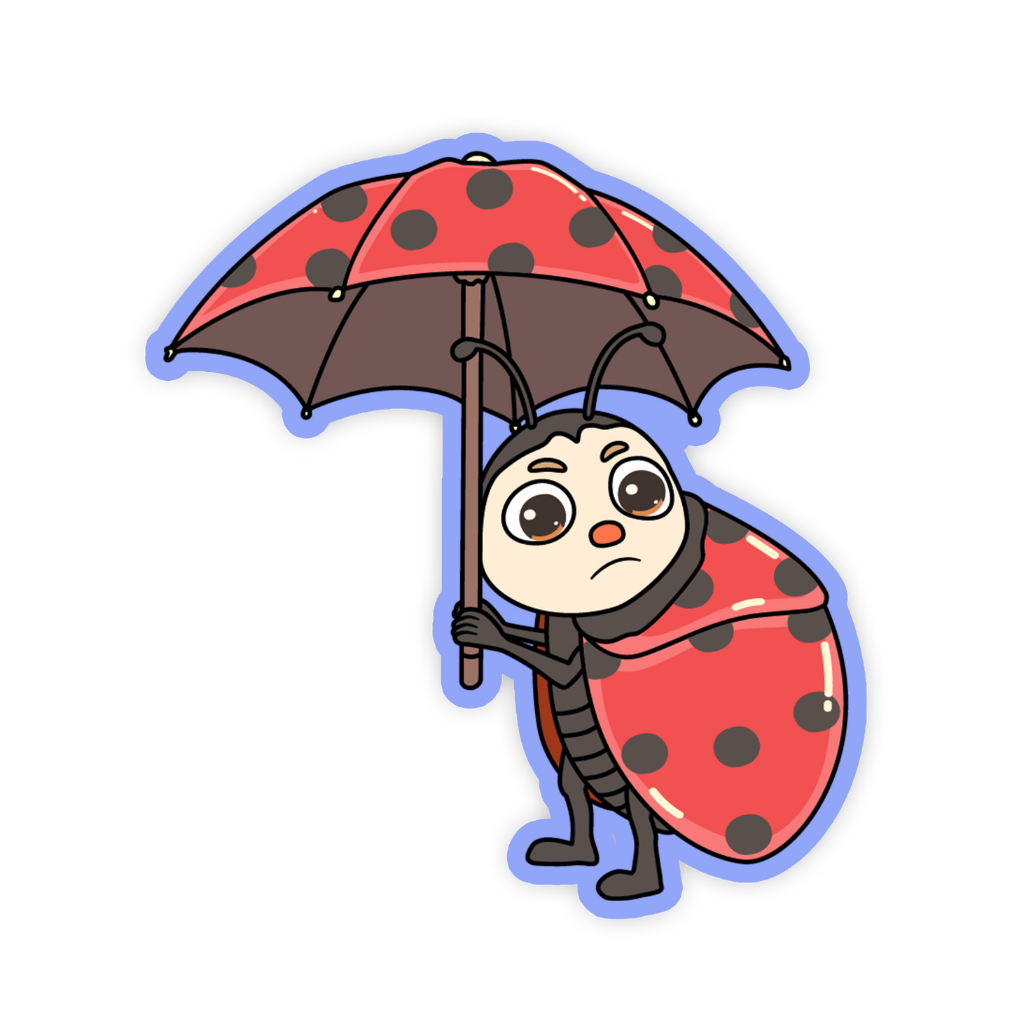 Cartoon ladybug holding a red umbrella with black spots on a white background