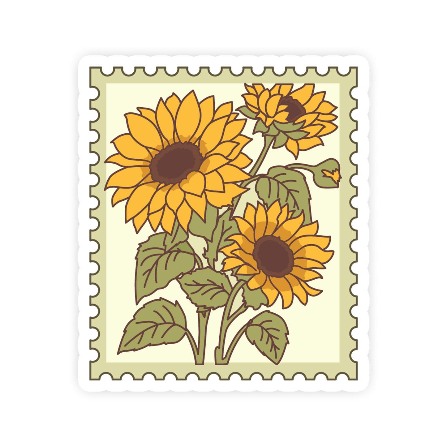 Stylized sunflower design on a postage stamp-style border