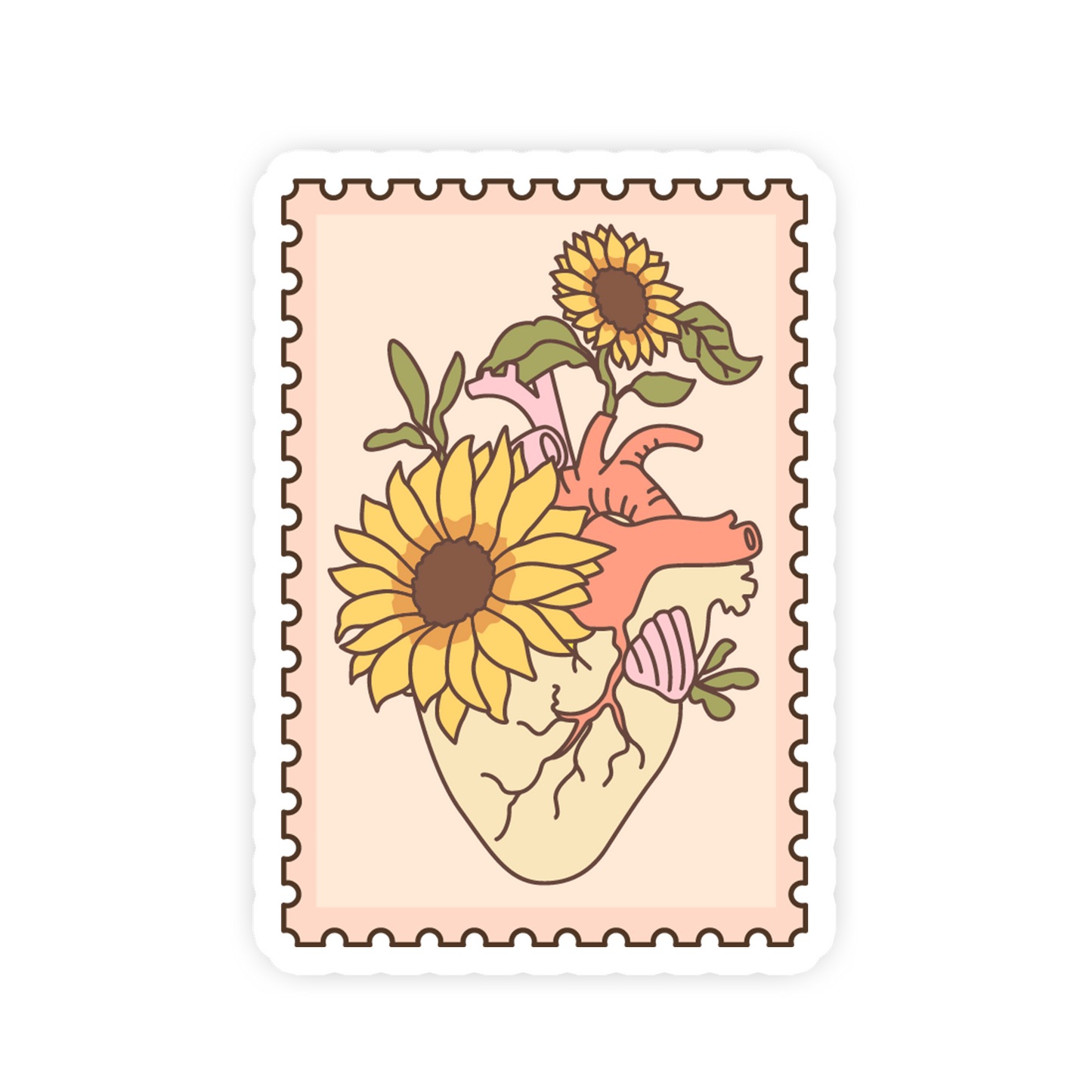 Sticker with a heart design featuring sunflowers on a light pink background