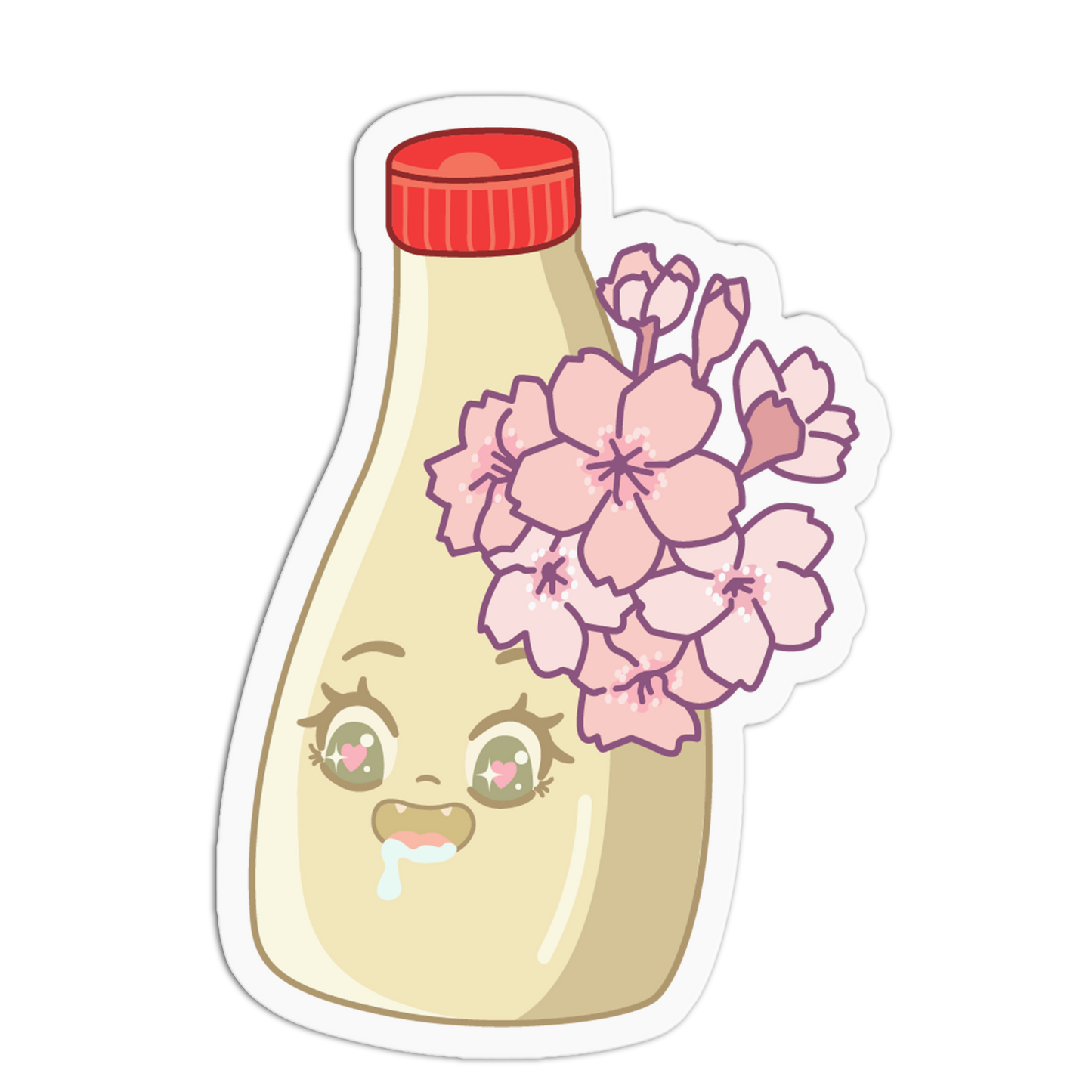 Cartoon bottle with a face and pink flowers on a white background