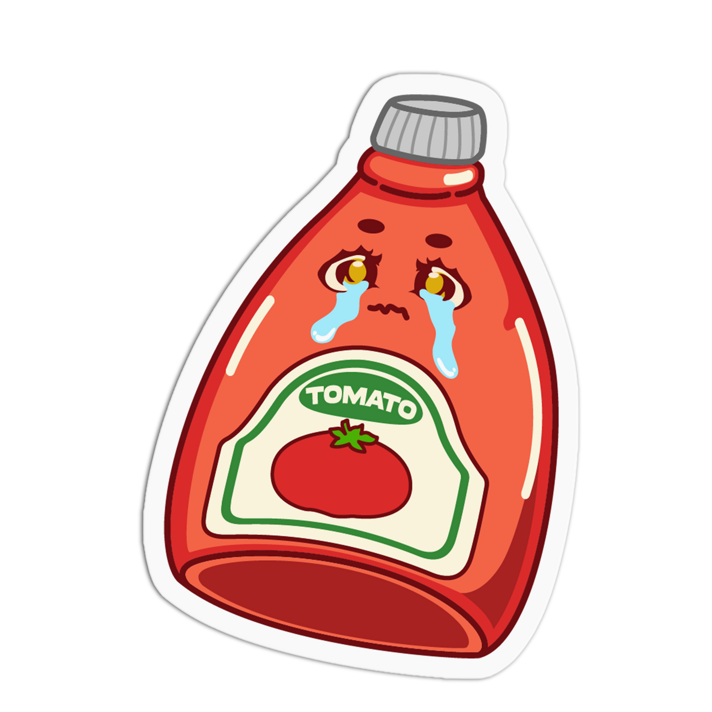 Cartoon-style ketchup bottle with a sad face on a white background