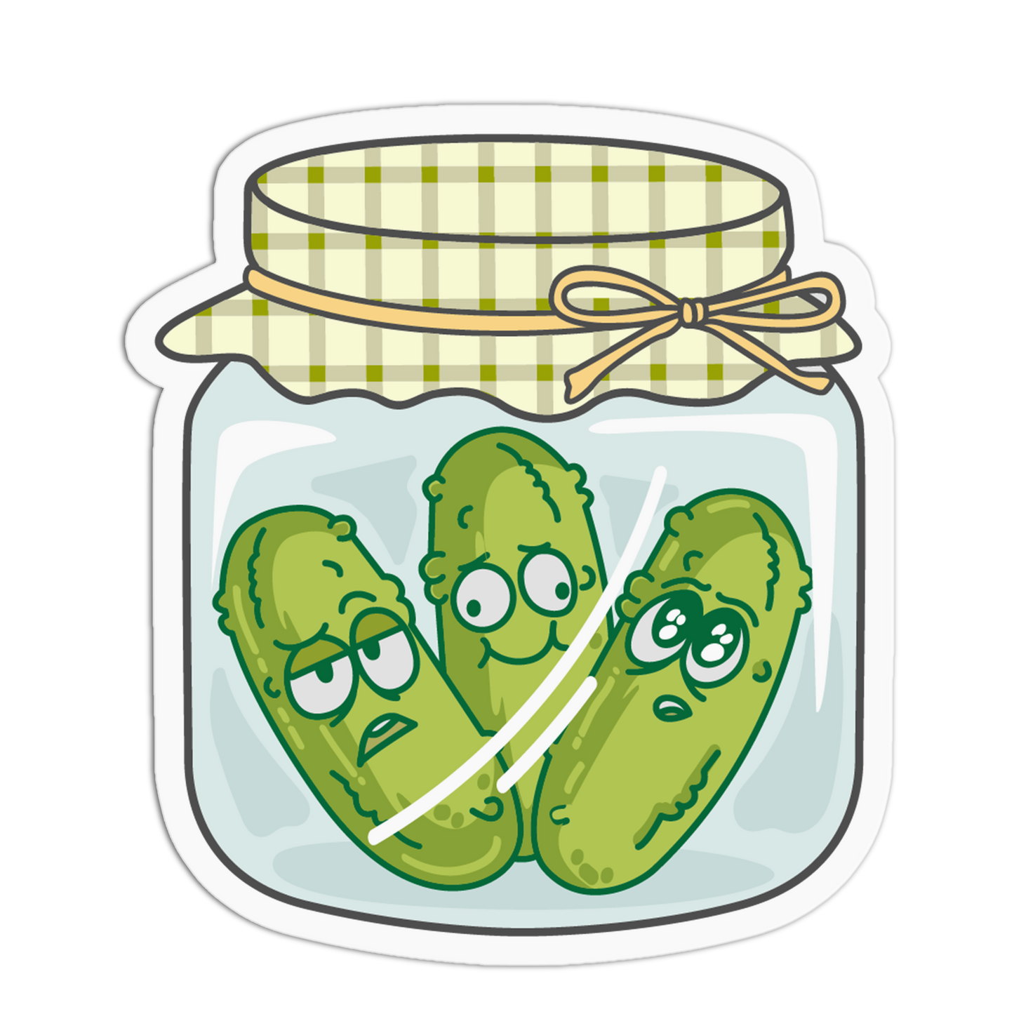 Cartoon pickle jar with three pickles inside on a white background