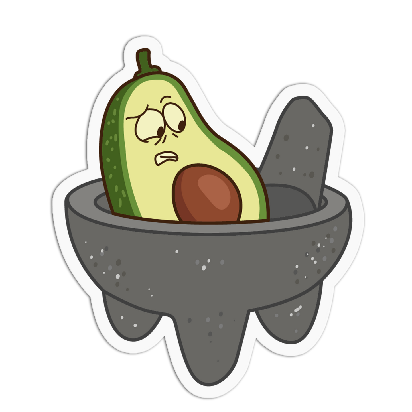 Cartoon avocado character inside a mortar and pestle on a white background