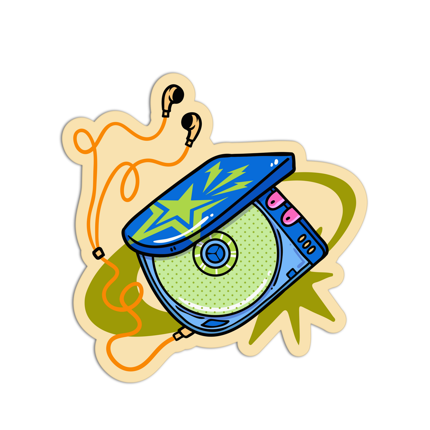 A colorful retro-style sticker illustration of an open portable cassette player with earphones, a green dotted disc, and orange cord details on a beige die-cut background.