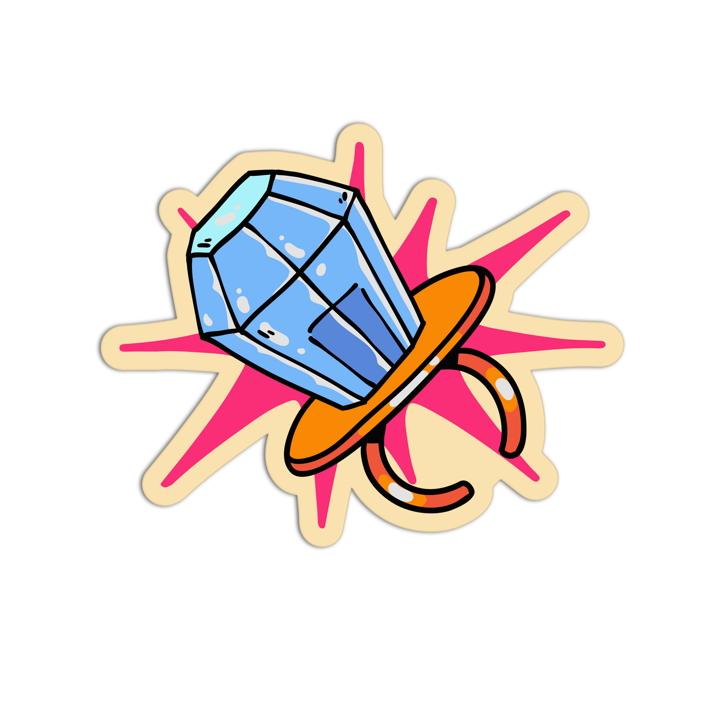 A cartoon-style die-cut sticker featuring a blue faceted gemstone attached to an orange pacifier, set against a pink and beige starburst background on a plain white backdrop.