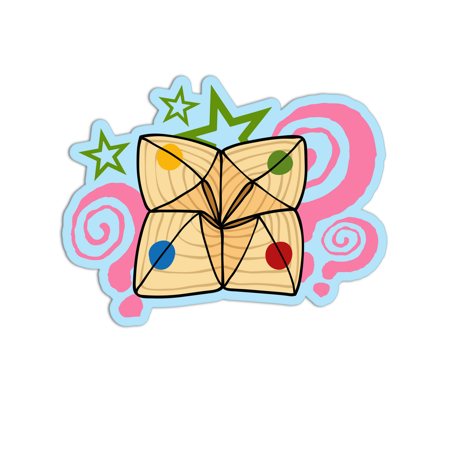 A cartoon-style sticker or decal featuring a folded wooden box with colorful dots, surrounded by pink swirls, a light blue border, green stars, and a green crown on a white background.