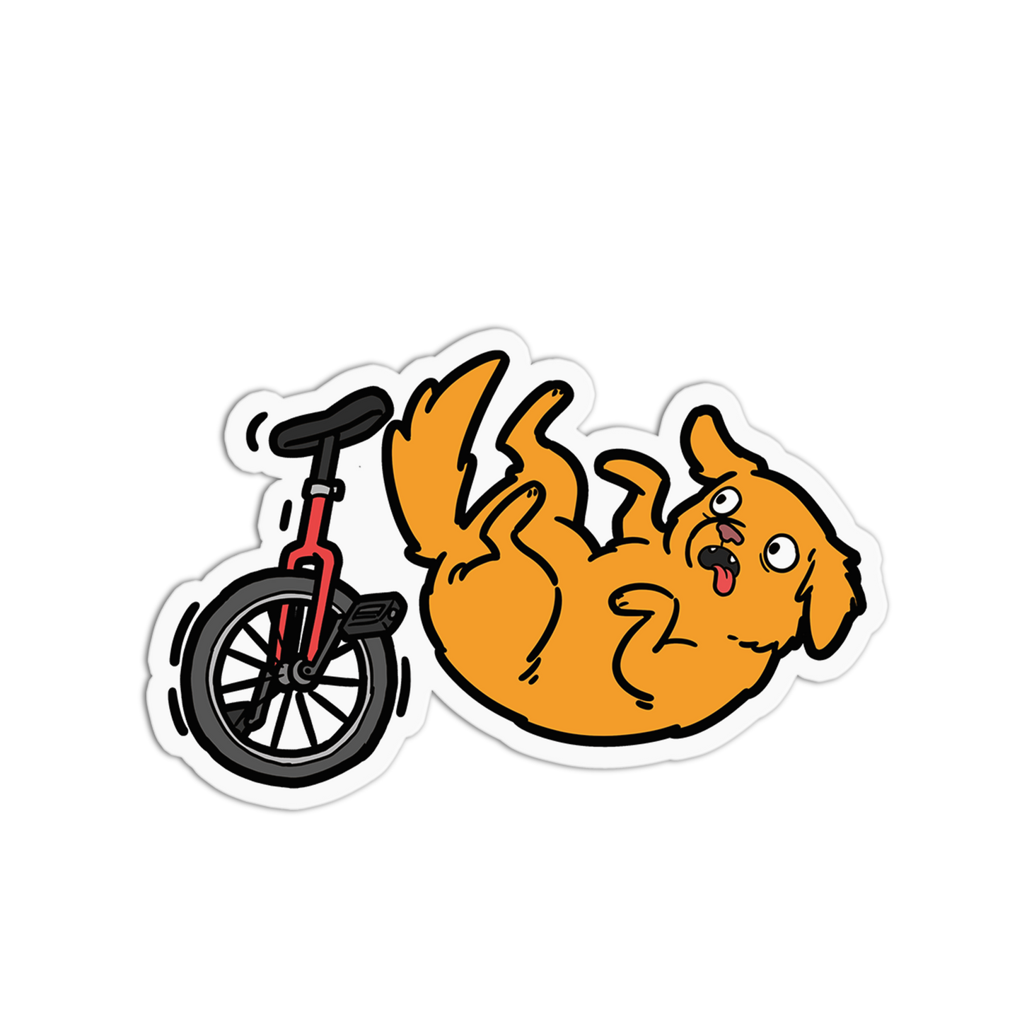Cartoon dog falling off a small bicycle on a white background