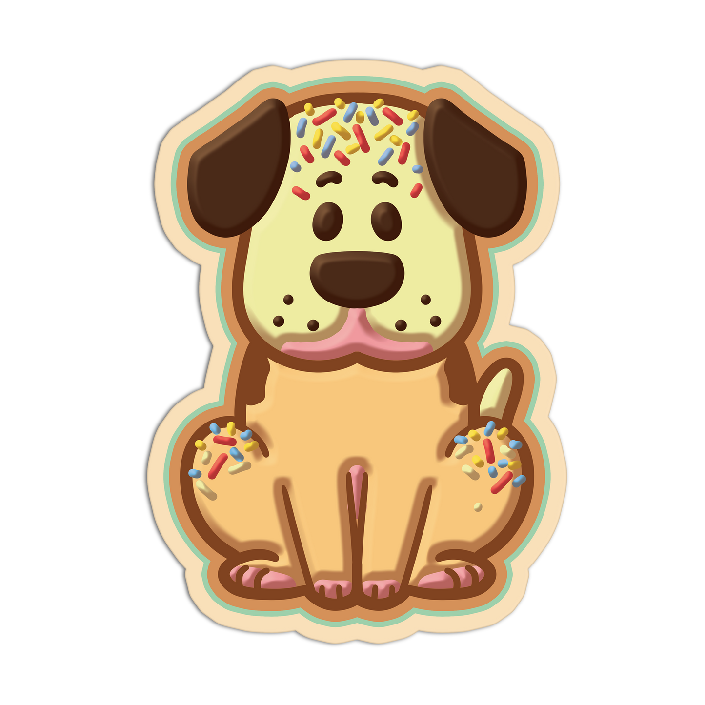 Dog-shaped cookie with sprinkles on a white background