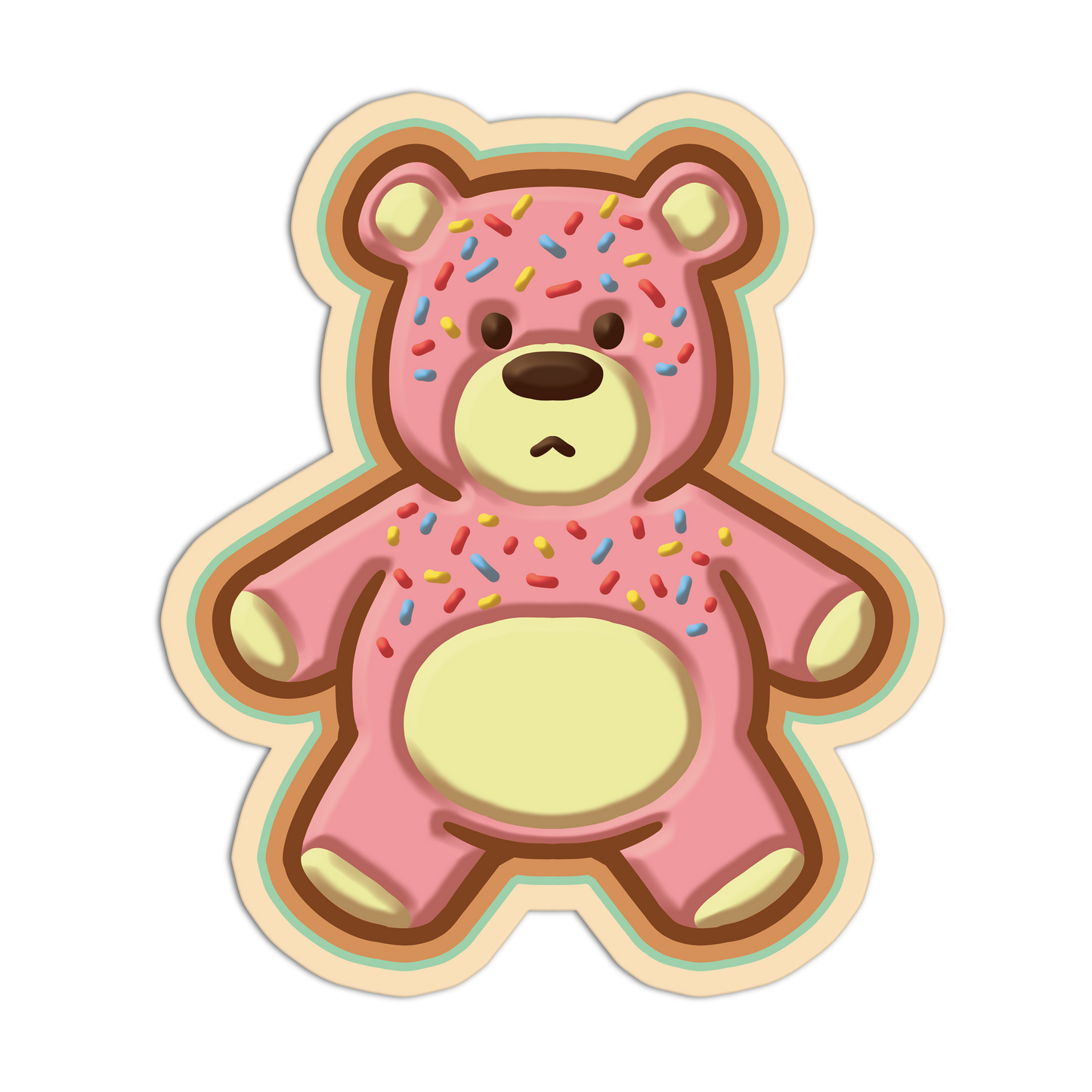 Sticker of a pink teddy bear with sprinkles on a white background