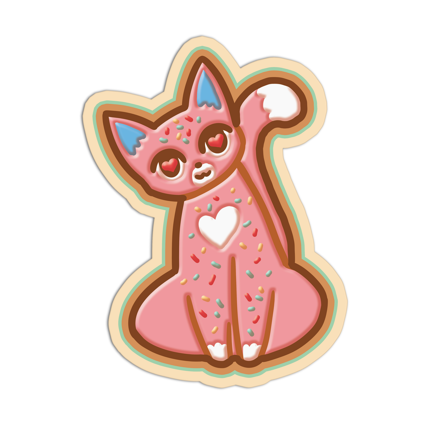 Cartoon cat-shaped cookie with pink body, blue ears, and colorful sprinkles on a white background