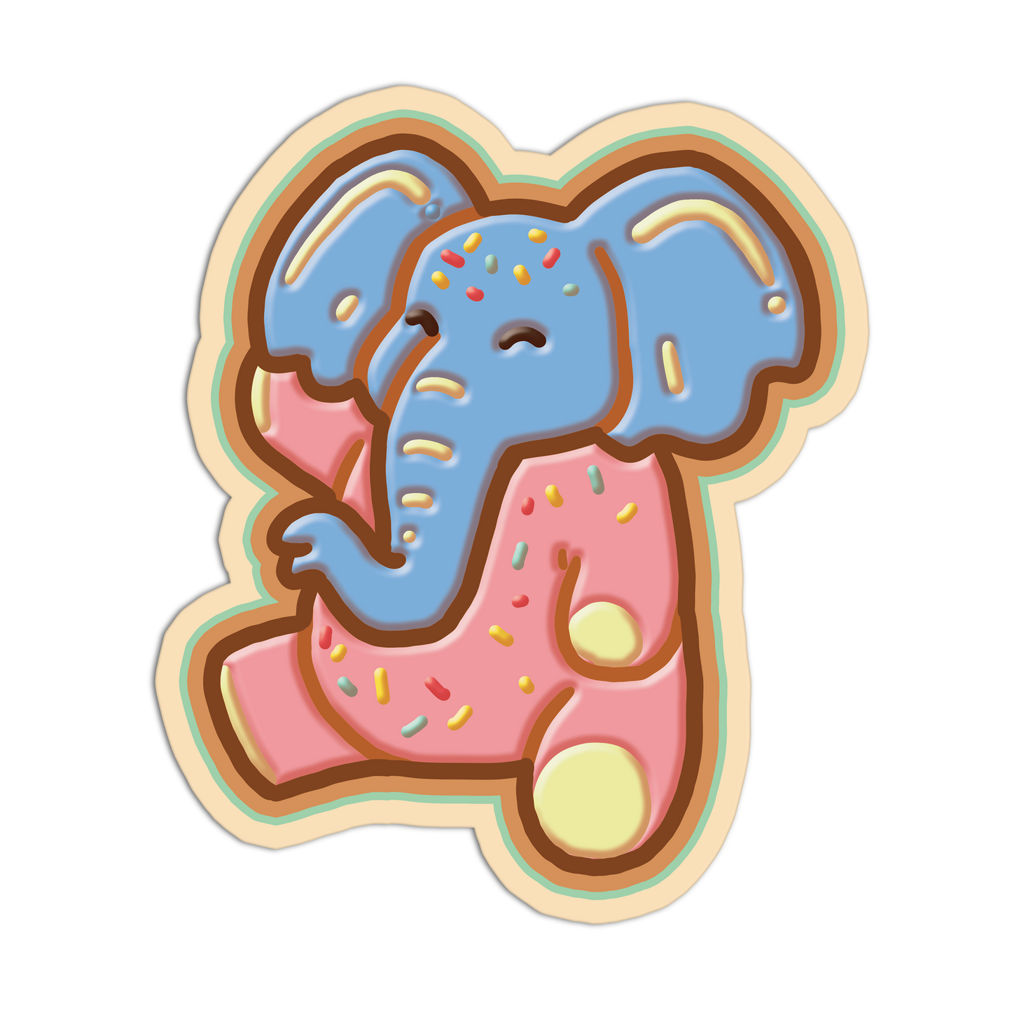 Sticker of a blue elephant in a pink dress with sprinkles on a white background