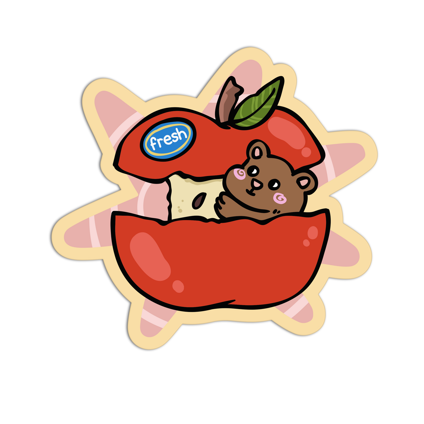 Sticker of a bear inside a red apple with a 'fresh' label on a white background