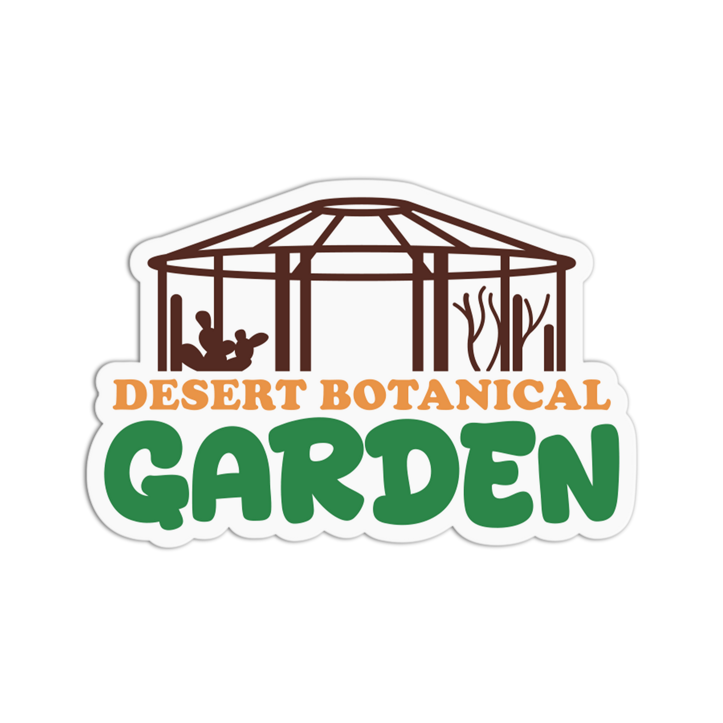 Logo of Desert Botanical Garden with a gazebo and trees on a white background