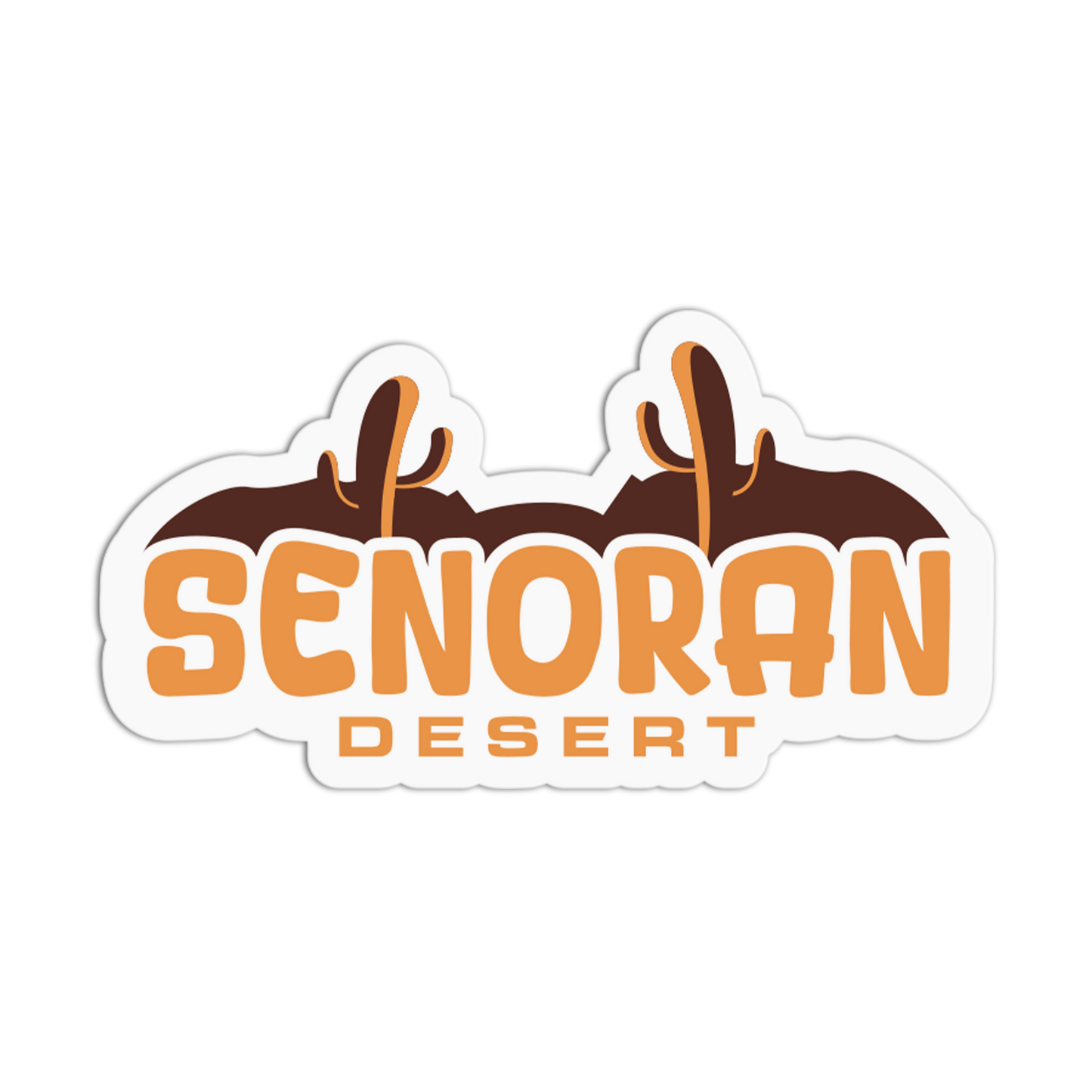 Sticker with 'Senoran Desert' text and cactus graphics on a white background
