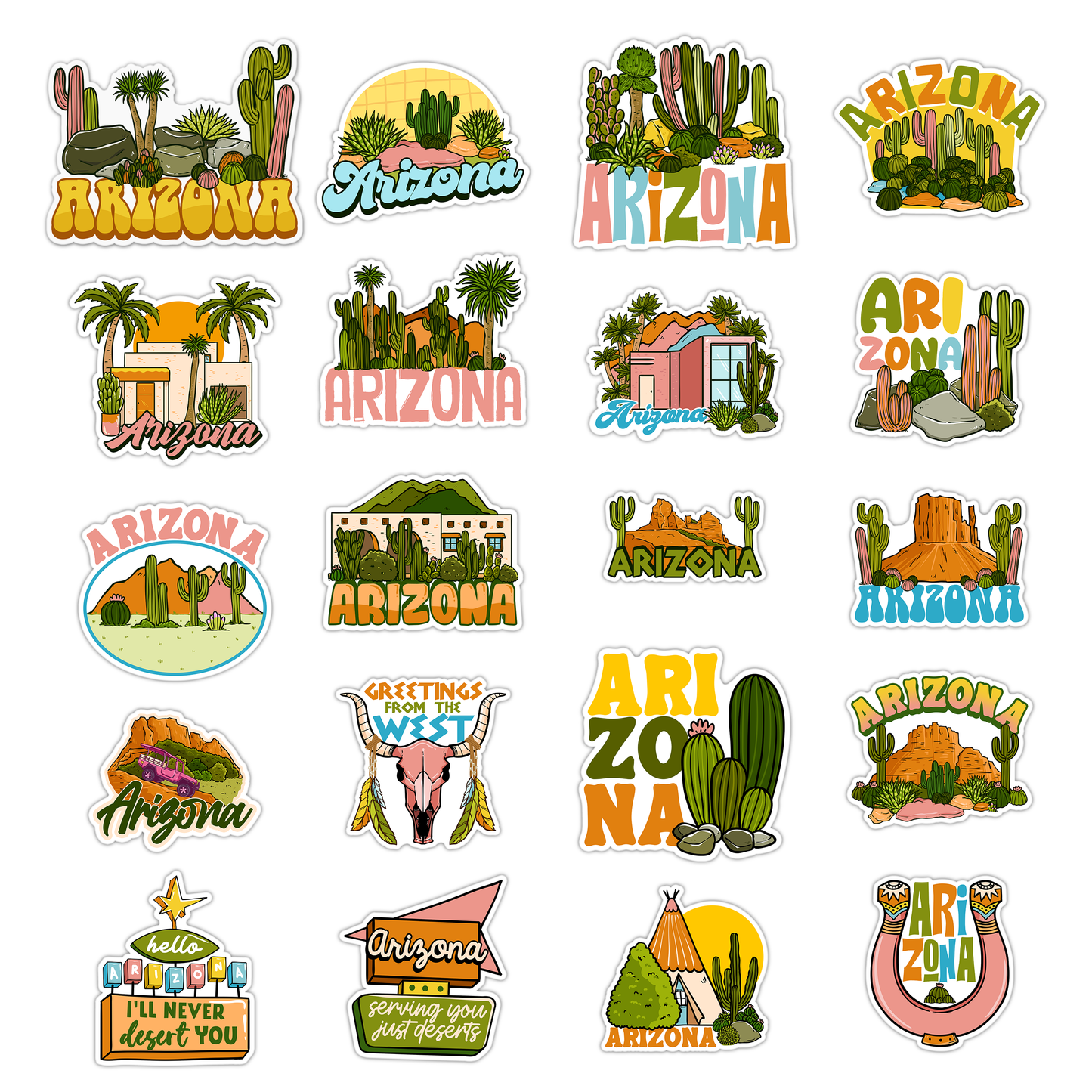 A collection of various Arizona-themed stickers featuring different designs such as the state's name, a cactus, and other symbols related to the state.