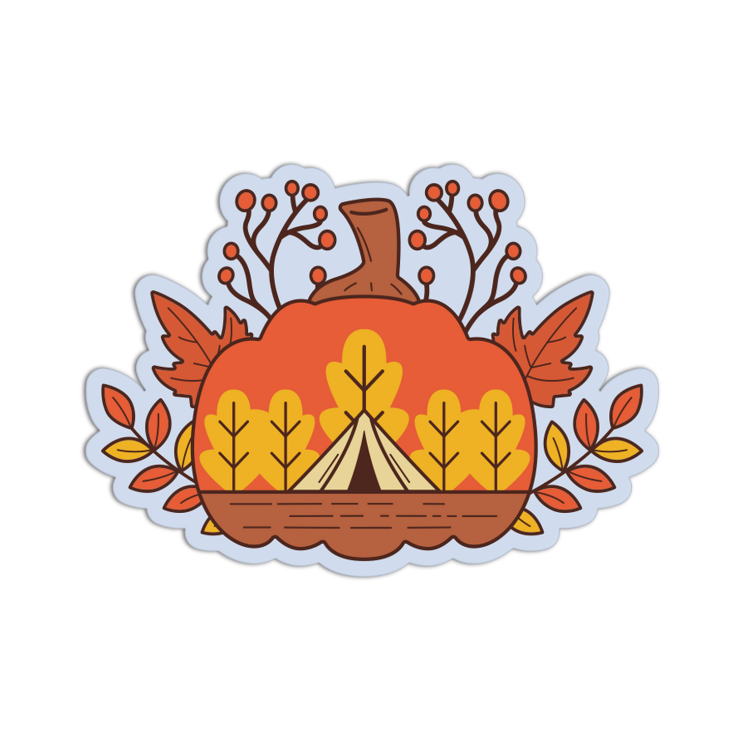A die-cut sticker featuring an autumn camping theme, with a large orange pumpkin, a beige teepee tent, yellow and orange leaves, and brown branches on a white background.
