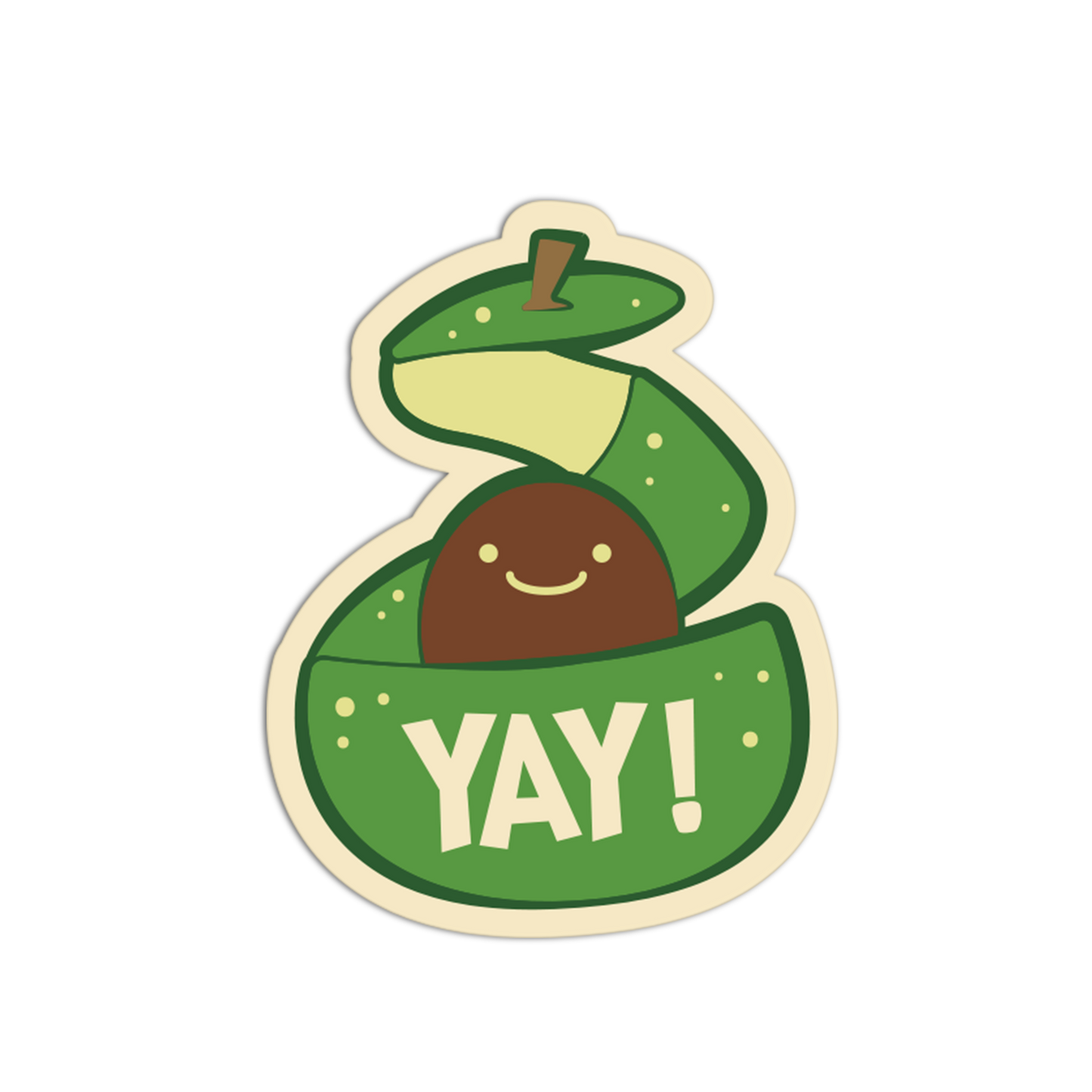 Sticker with a smiling green character and 'YAY!' text on a white background