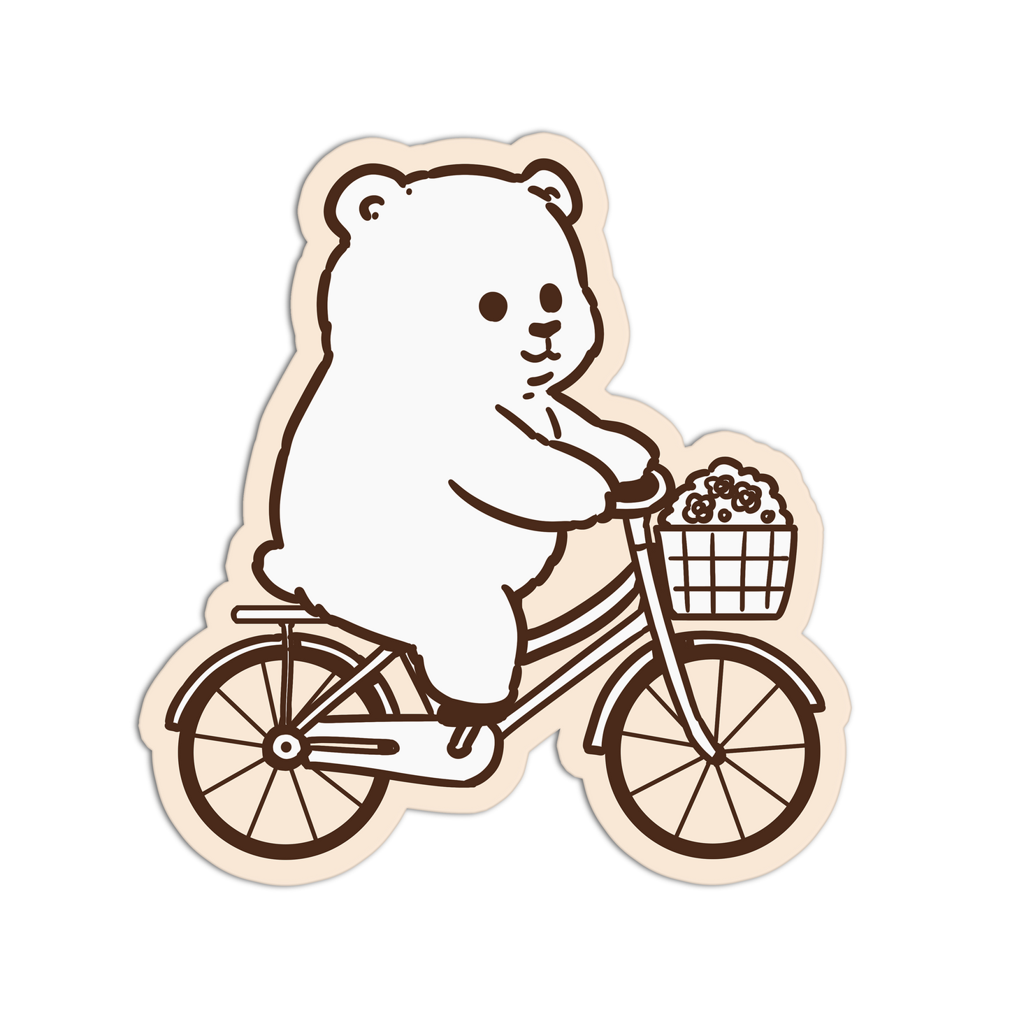 Sticker of a bear riding a bicycle with a basket on a white background
