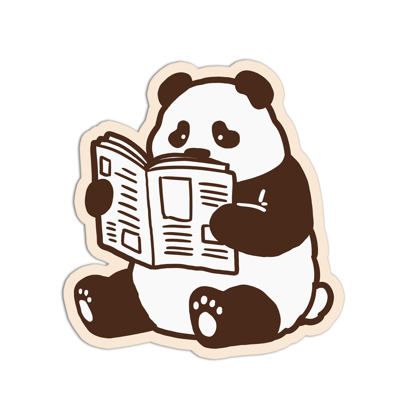 Sticker of a panda reading a newspaper on a white background