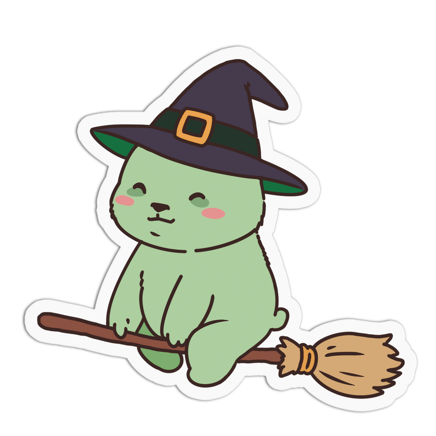Green Witch Broom Bears Halloween Party Sticker