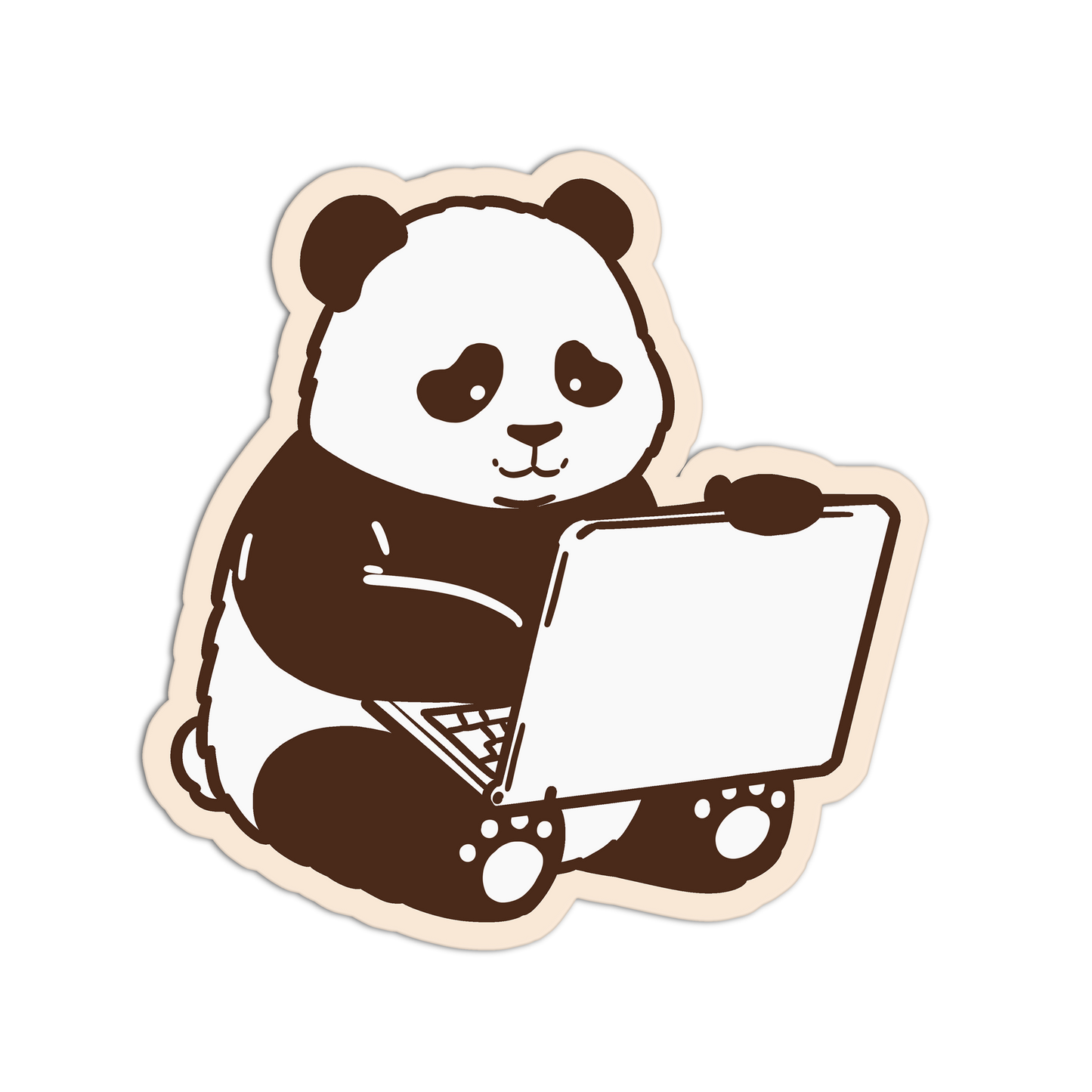 Sticker of a panda holding a laptop on a white background