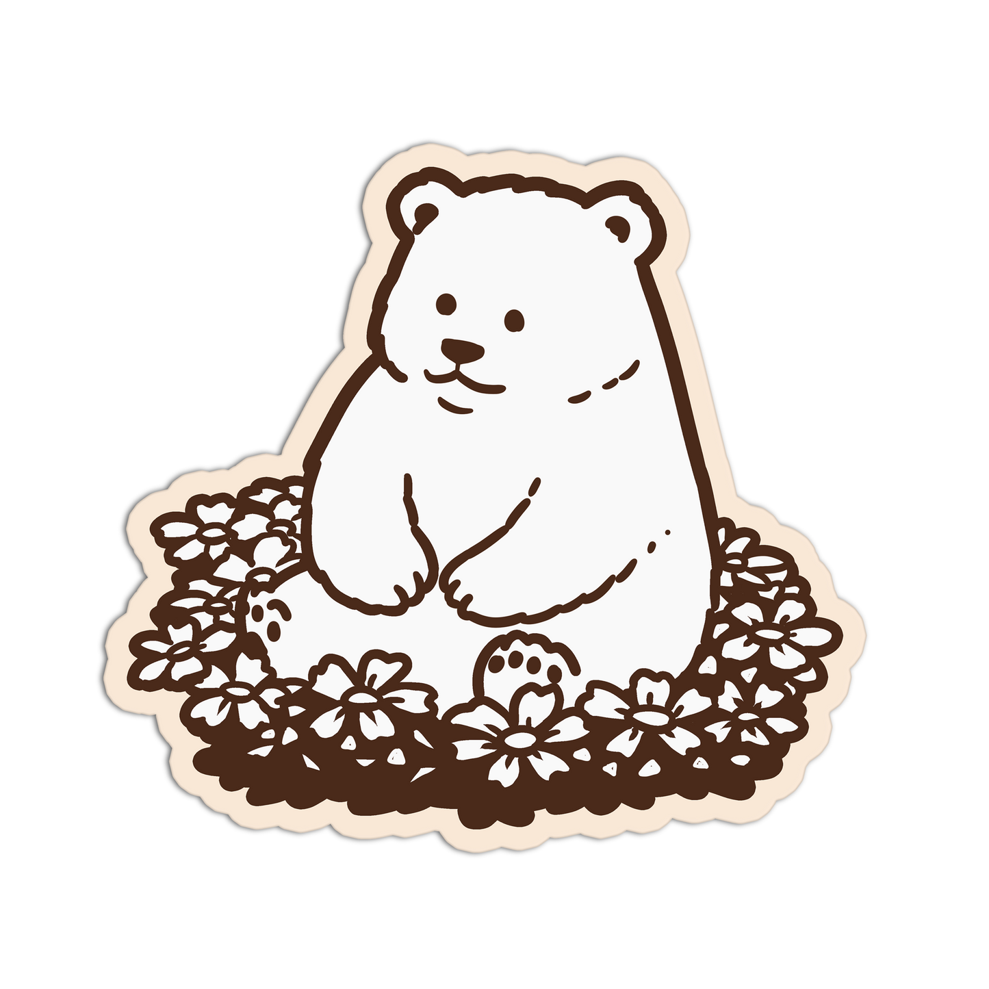 Sticker of a bear sitting on a floral pattern with a white background