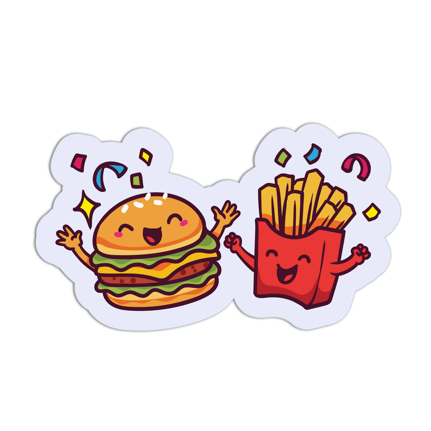 Cartoon hamburger and fries with happy expressions on a white background