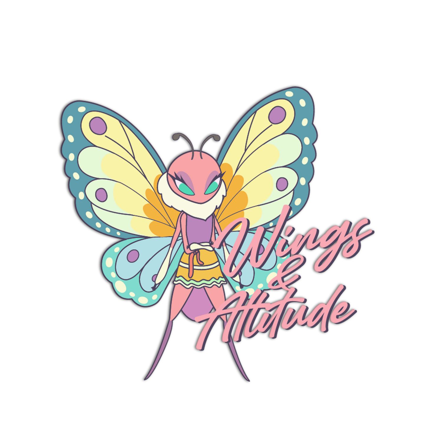 Colorful butterfly illustration with 'Wings & Attitude' text on a white background