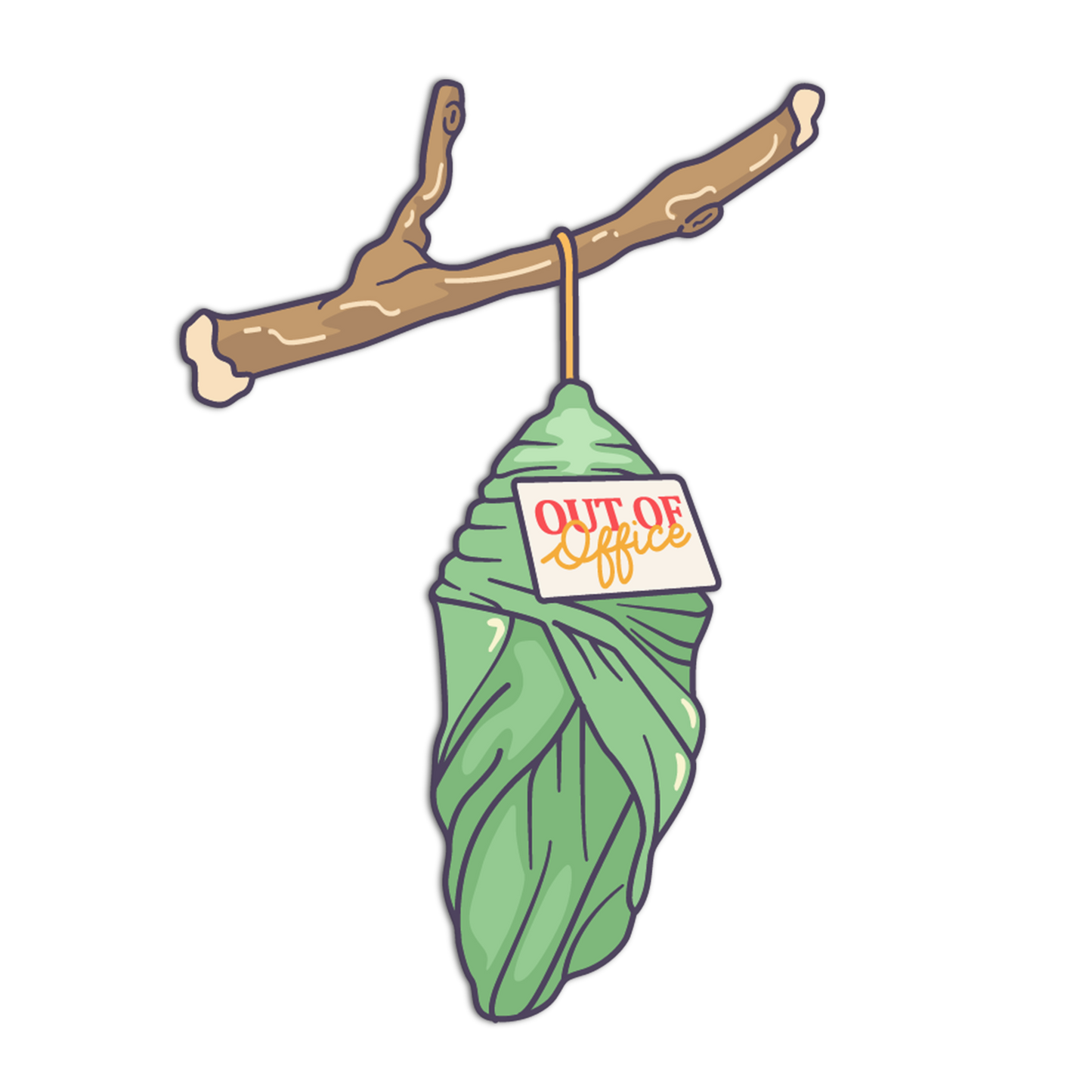 Green leaf with 'Out of Office' sign hanging from a branch on a white background