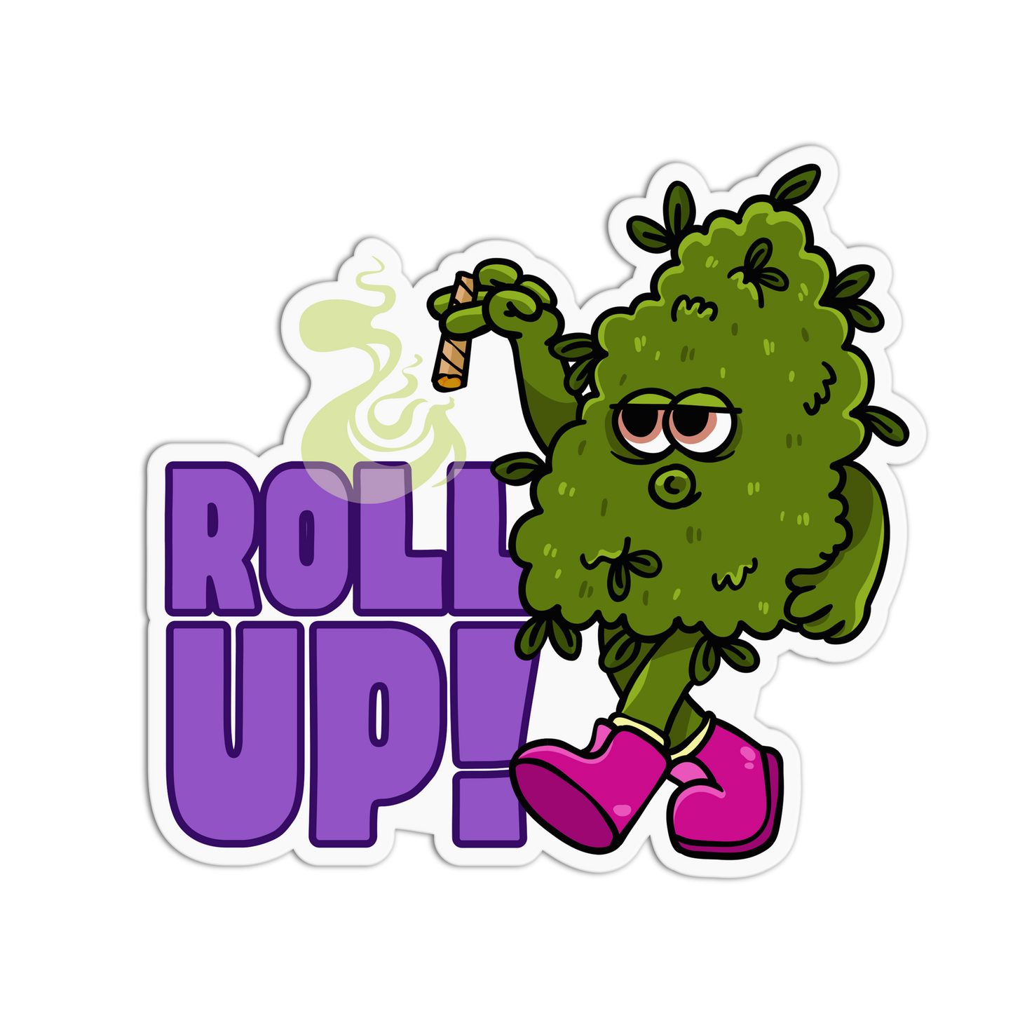 Cartoon cannabis bud character with 'Roll Up!' text on a white background