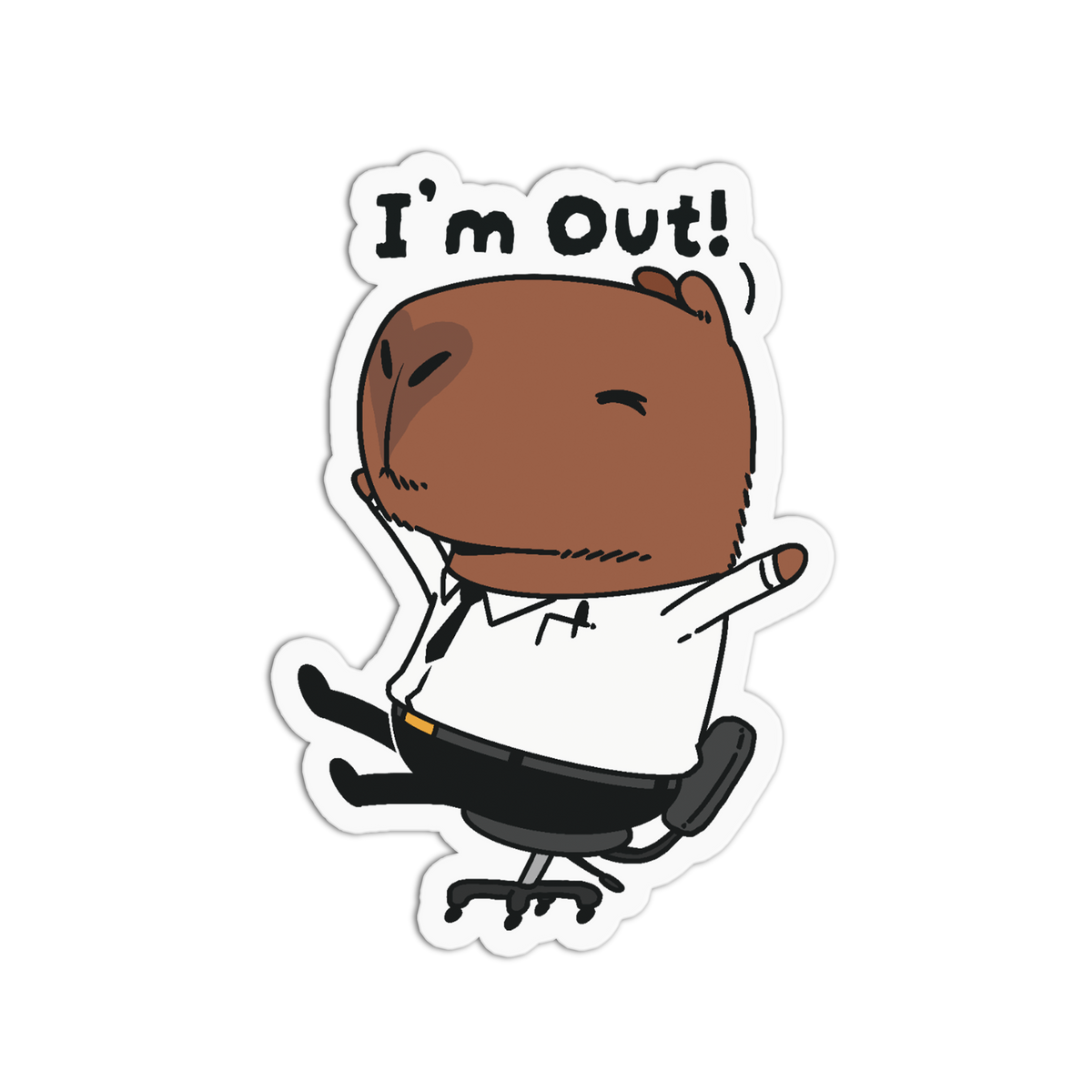 A die-cut cartoon sticker featuring a brown capybara character wearing a white shirt and black tie, sitting in a black office chair with the text 'I'm Out!' above it, shown on a plain white background.