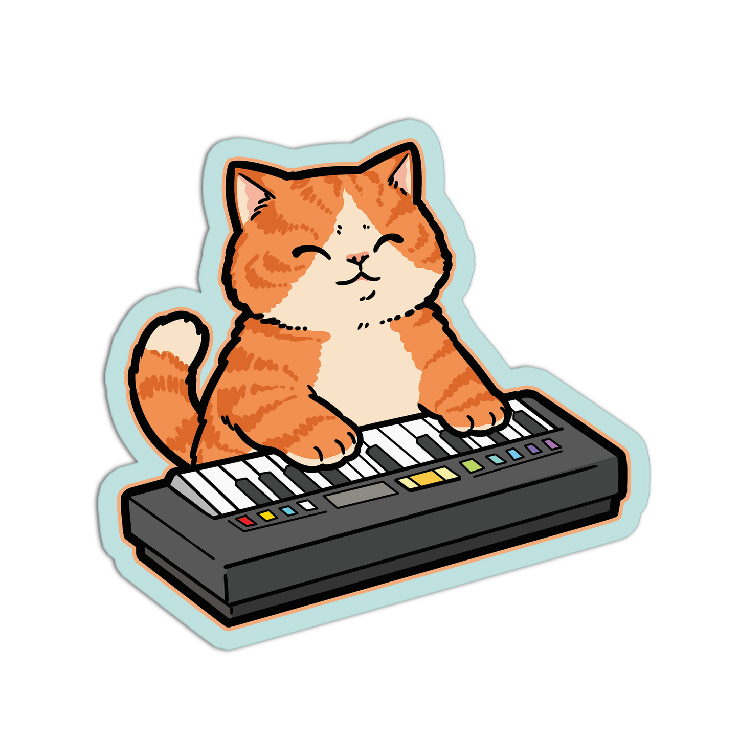 Cartoon cat playing a keyboard on a white background