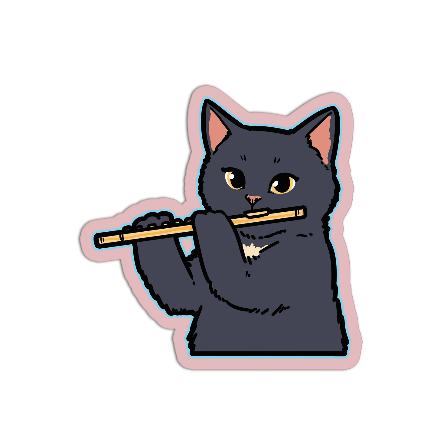 Sticker of a cat playing a flute on a white background