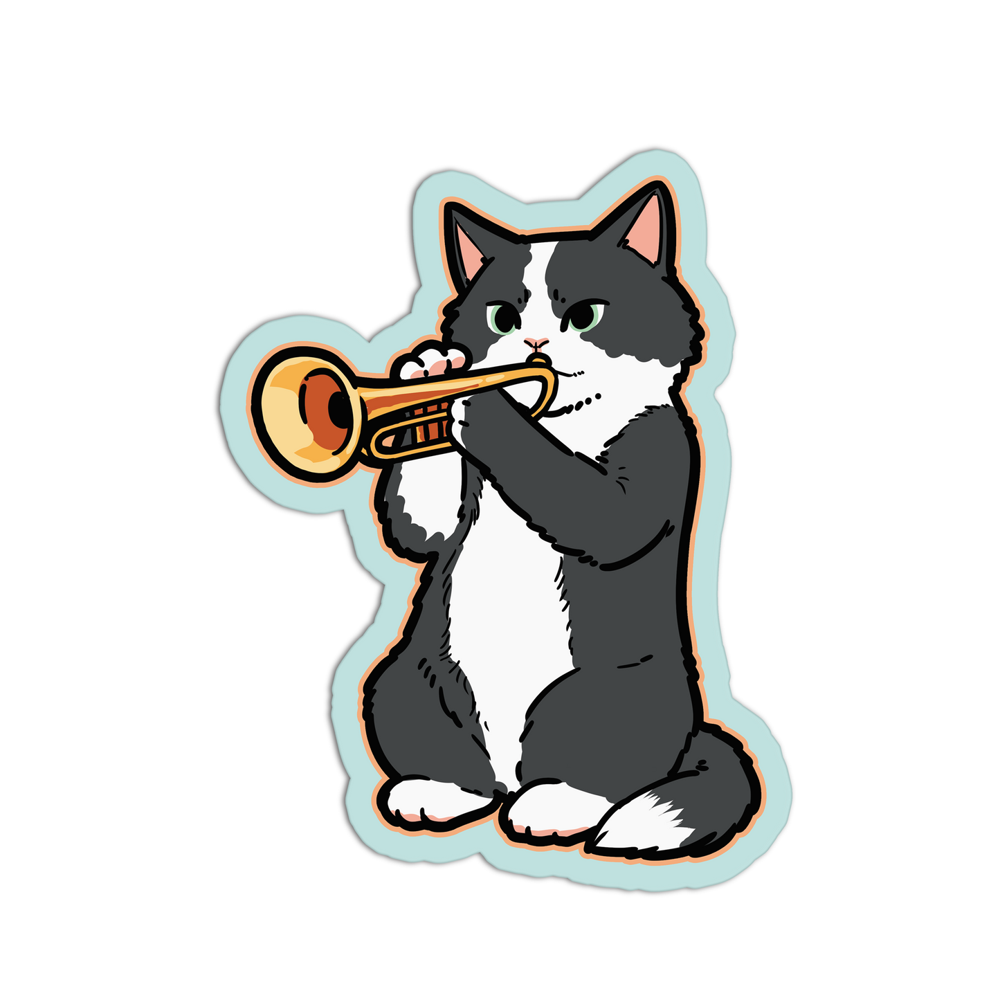 Cartoon cat playing a trumpet on a white background